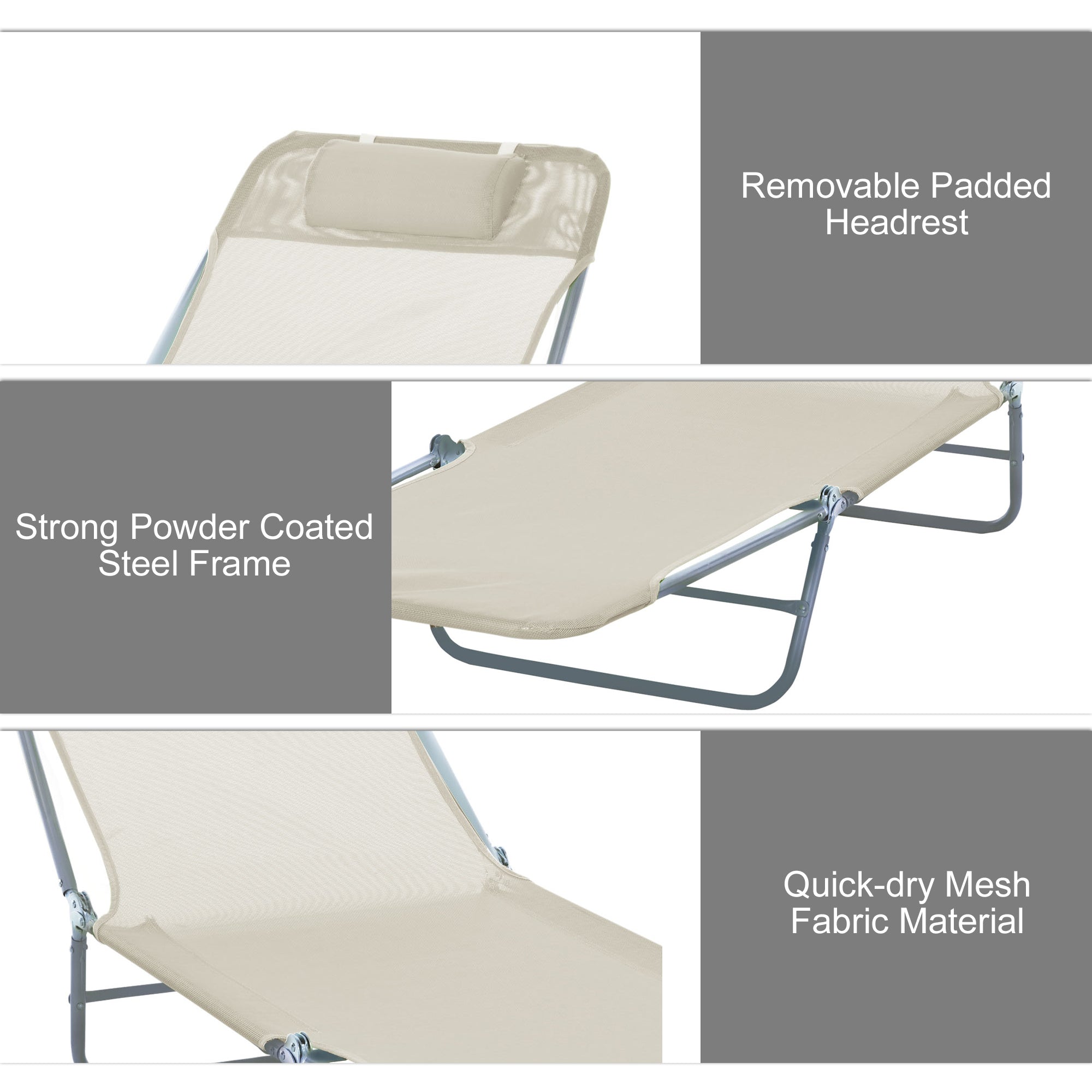 Outsunny Outdoor Lounge Chair, Portable Adjustable Reclining Seat Folding Chaise Lounge Patio Camping Beach Tanning Chair Bed with Pillow, Beige