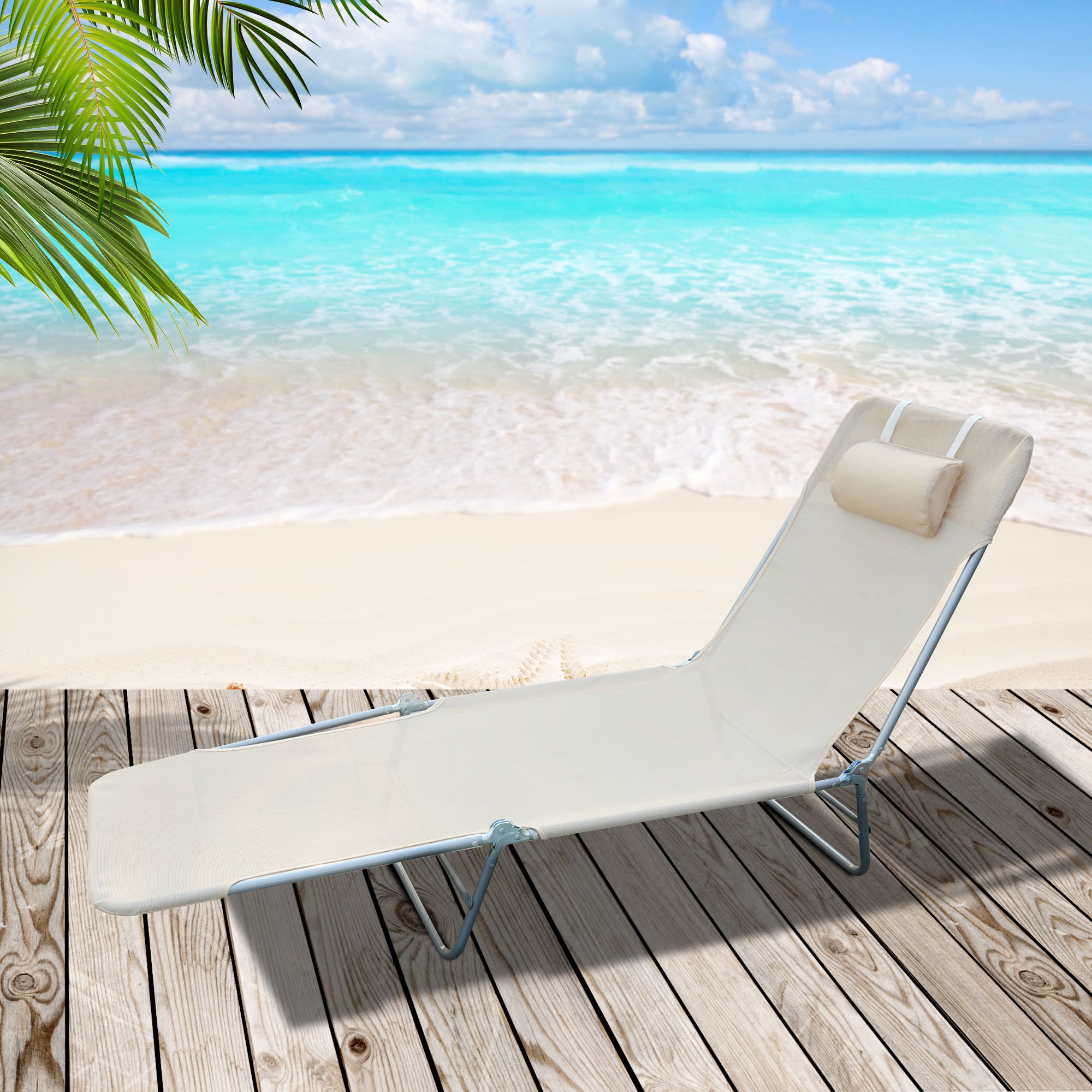 Outsunny Outdoor Lounge Chair, Portable Adjustable Reclining Seat Folding Chaise Lounge Patio Camping Beach Tanning Chair Bed with Pillow, Beige