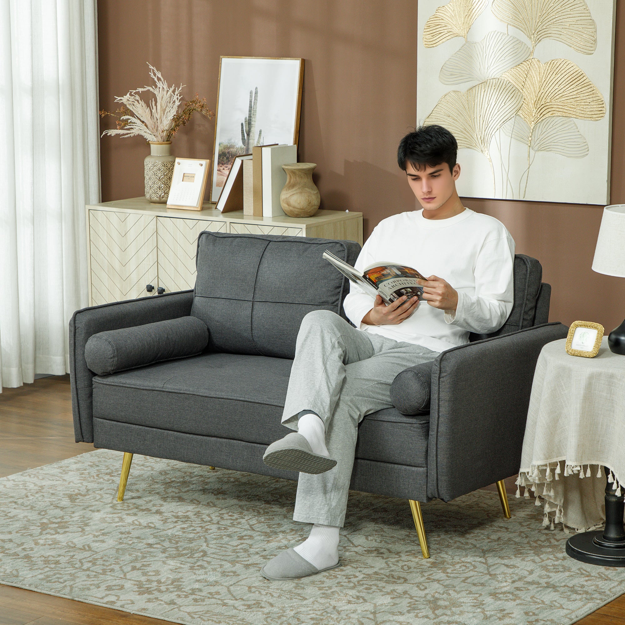 HOMCOM 56" Loveseat Sofa with Back Cushions and Pillows, Modern Love Seats Furniture, Upholstered 2 Seater Couch with Solid Wood Frame and Steel Legs for Living Room, Dark Grey