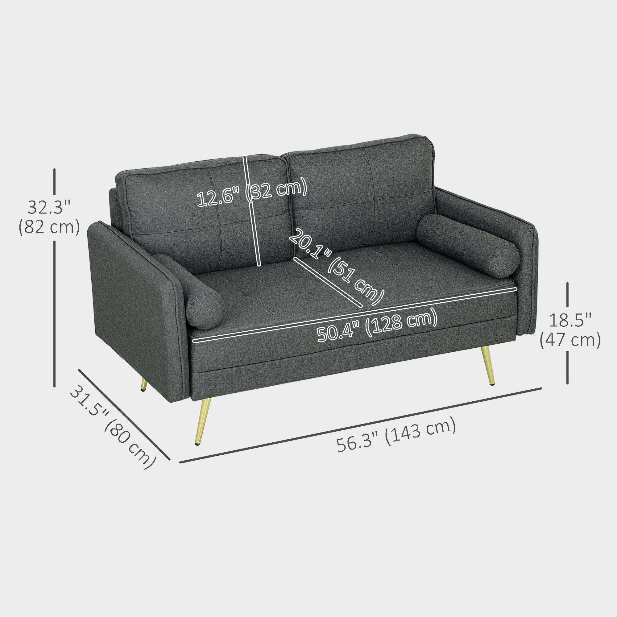HOMCOM 56" Loveseat Sofa with Back Cushions and Pillows, Modern Love Seats Furniture, Upholstered 2 Seater Couch with Solid Wood Frame and Steel Legs for Living Room, Dark Grey
