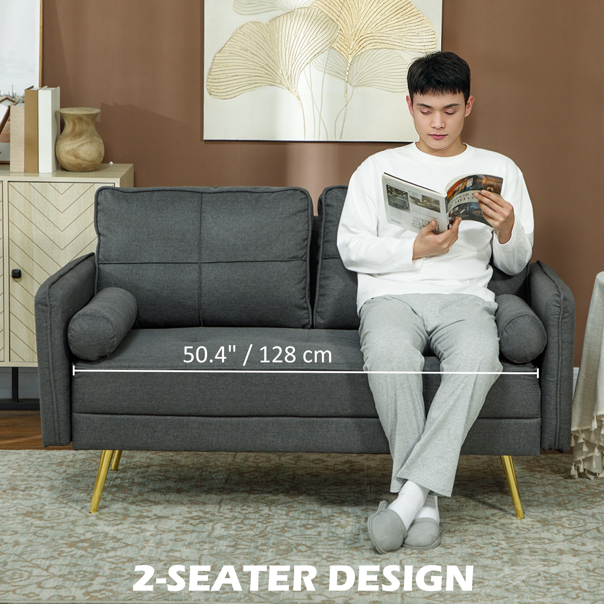 HOMCOM 56" Loveseat Sofa with Back Cushions and Pillows, Modern Love Seats Furniture, Upholstered 2 Seater Couch with Solid Wood Frame and Steel Legs for Living Room, Dark Grey