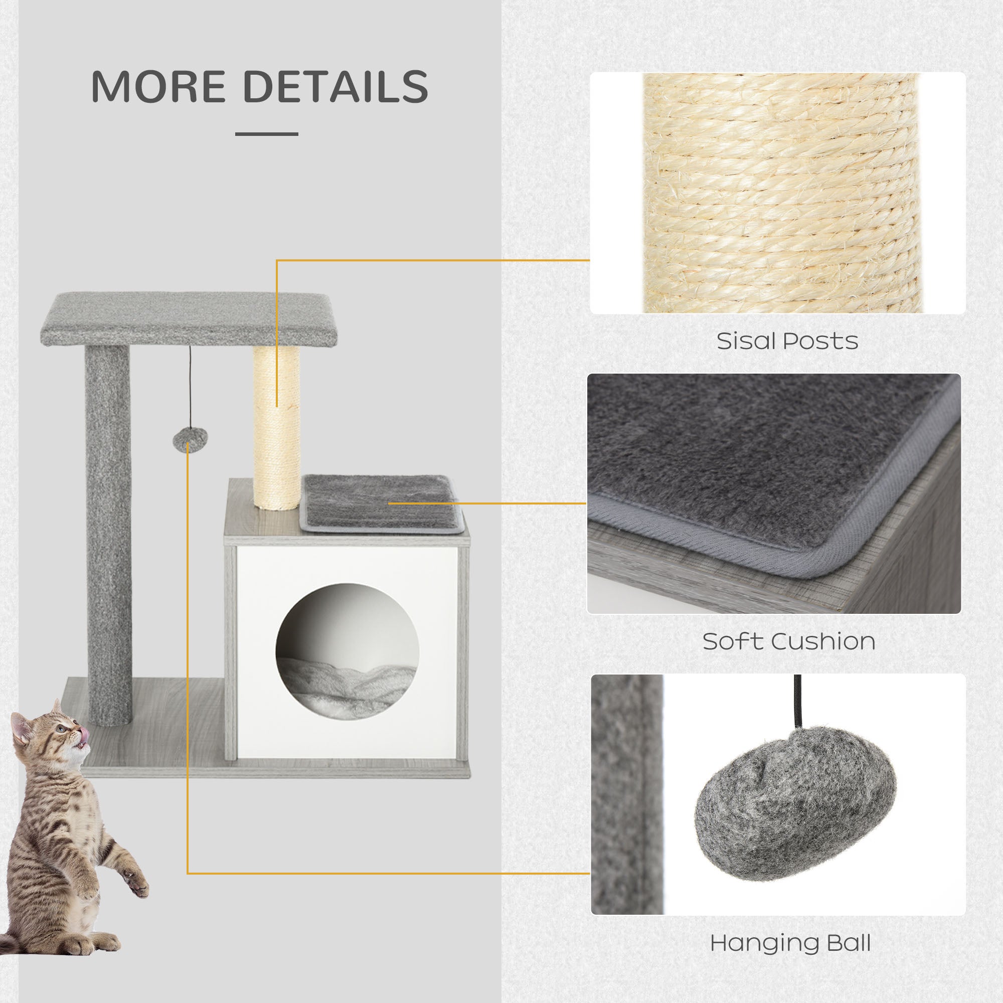 PawHut Cat Tree Condo with Natural Sisal Rope Scratching Post for Pets Multi-level Cat Tree Activity Center for Kittens Cat Tower Furniture Grey