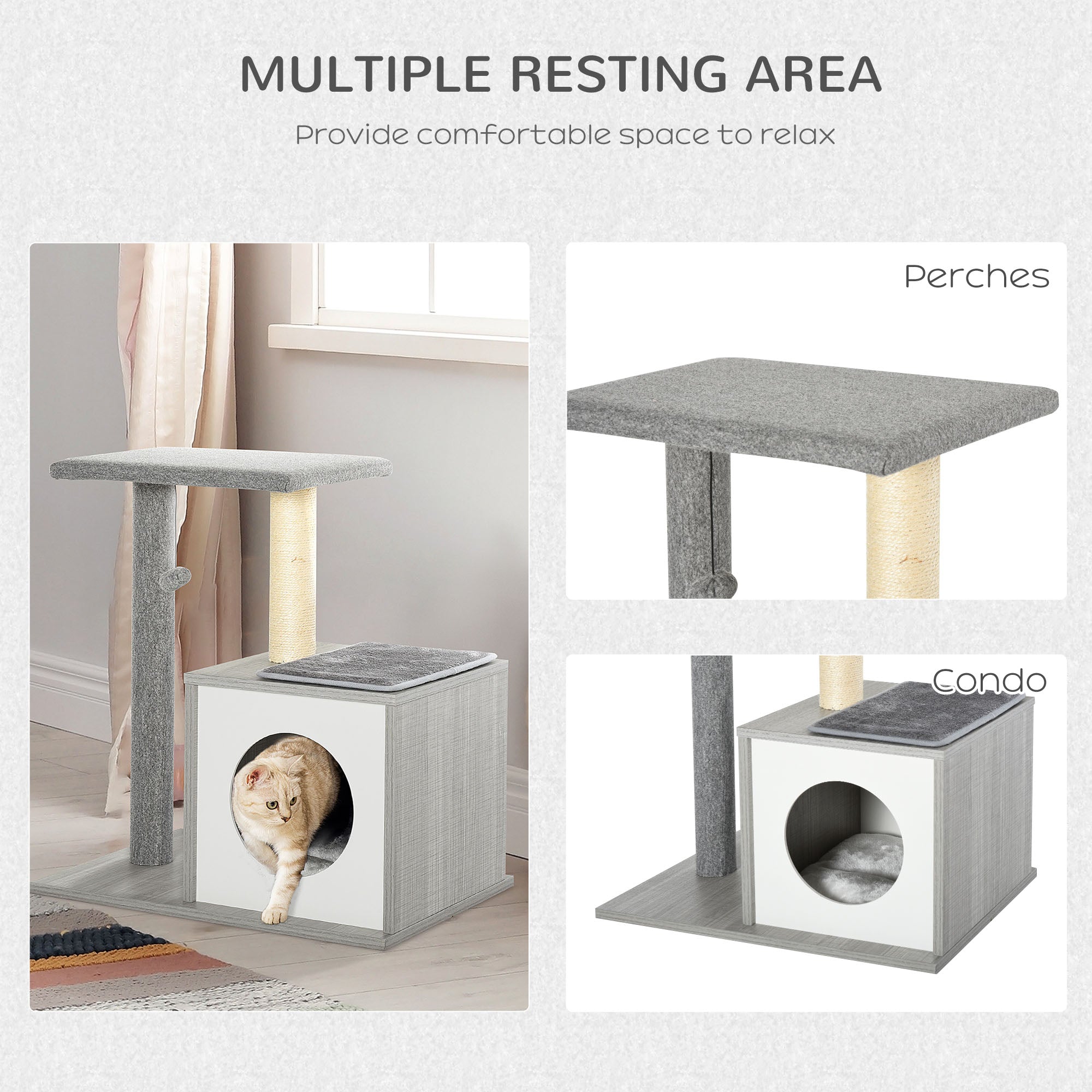 PawHut Cat Tree Condo with Natural Sisal Rope Scratching Post for Pets Multi-level Cat Tree Activity Center for Kittens Cat Tower Furniture Grey