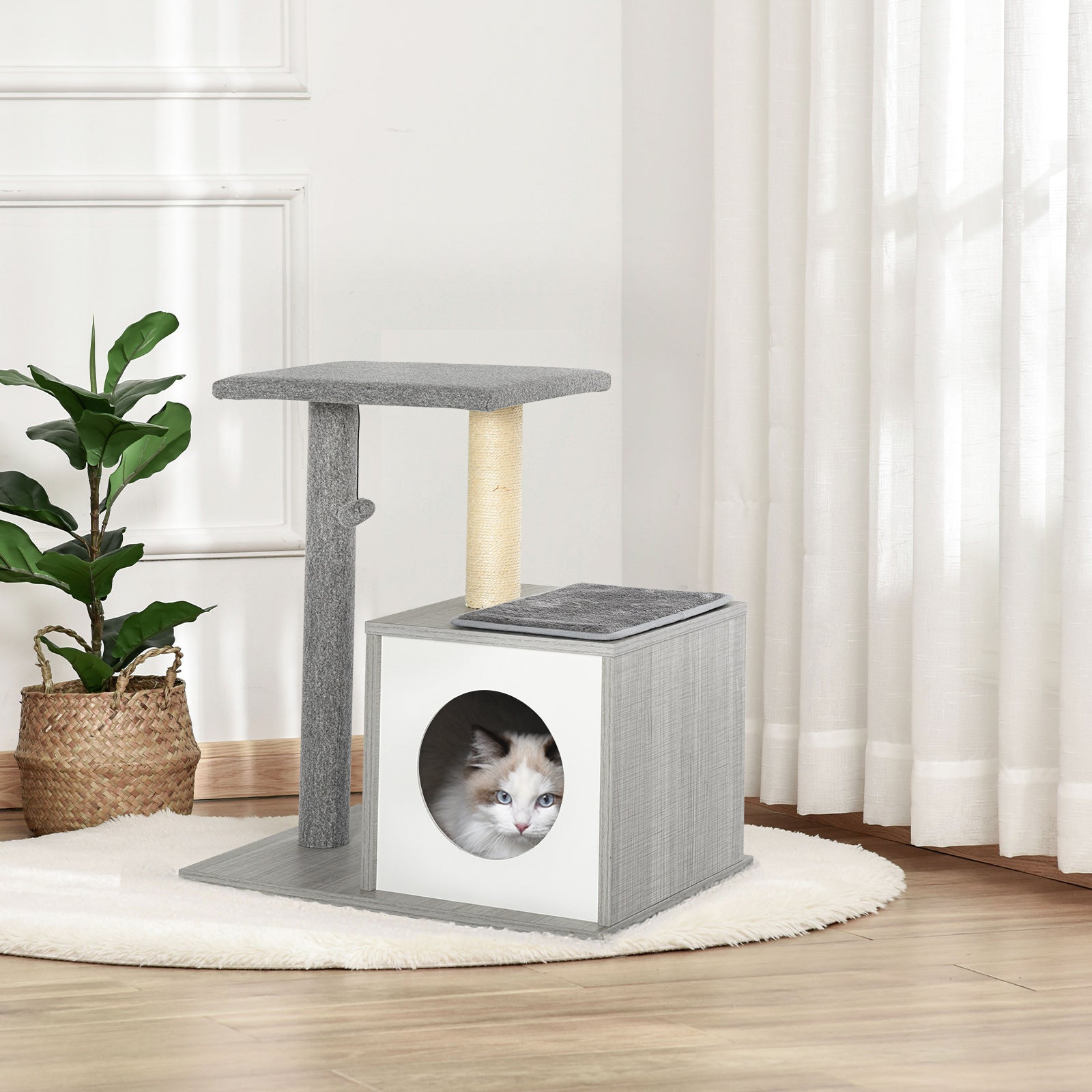 PawHut Cat Tree Condo with Natural Sisal Rope Scratching Post for Pets Multi-level Cat Tree Activity Center for Kittens Cat Tower Furniture Grey