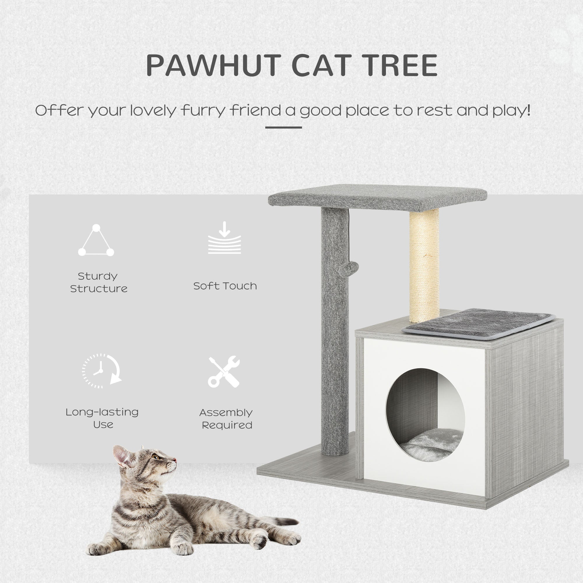 PawHut Cat Tree Condo with Natural Sisal Rope Scratching Post for Pets Multi-level Cat Tree Activity Center for Kittens Cat Tower Furniture Grey