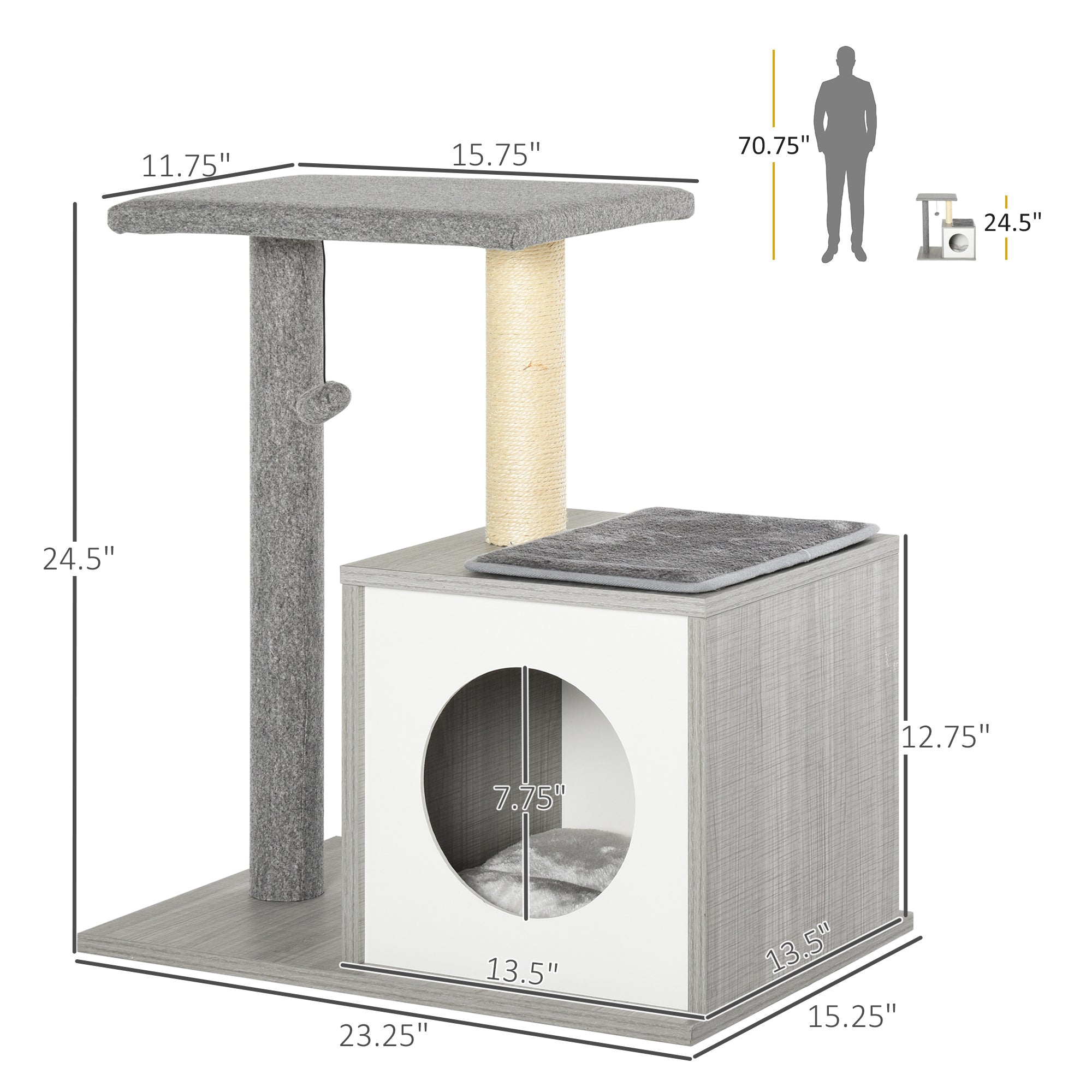 PawHut Cat Tree Condo with Natural Sisal Rope Scratching Post for Pets Multi-level Cat Tree Activity Center for Kittens Cat Tower Furniture Grey