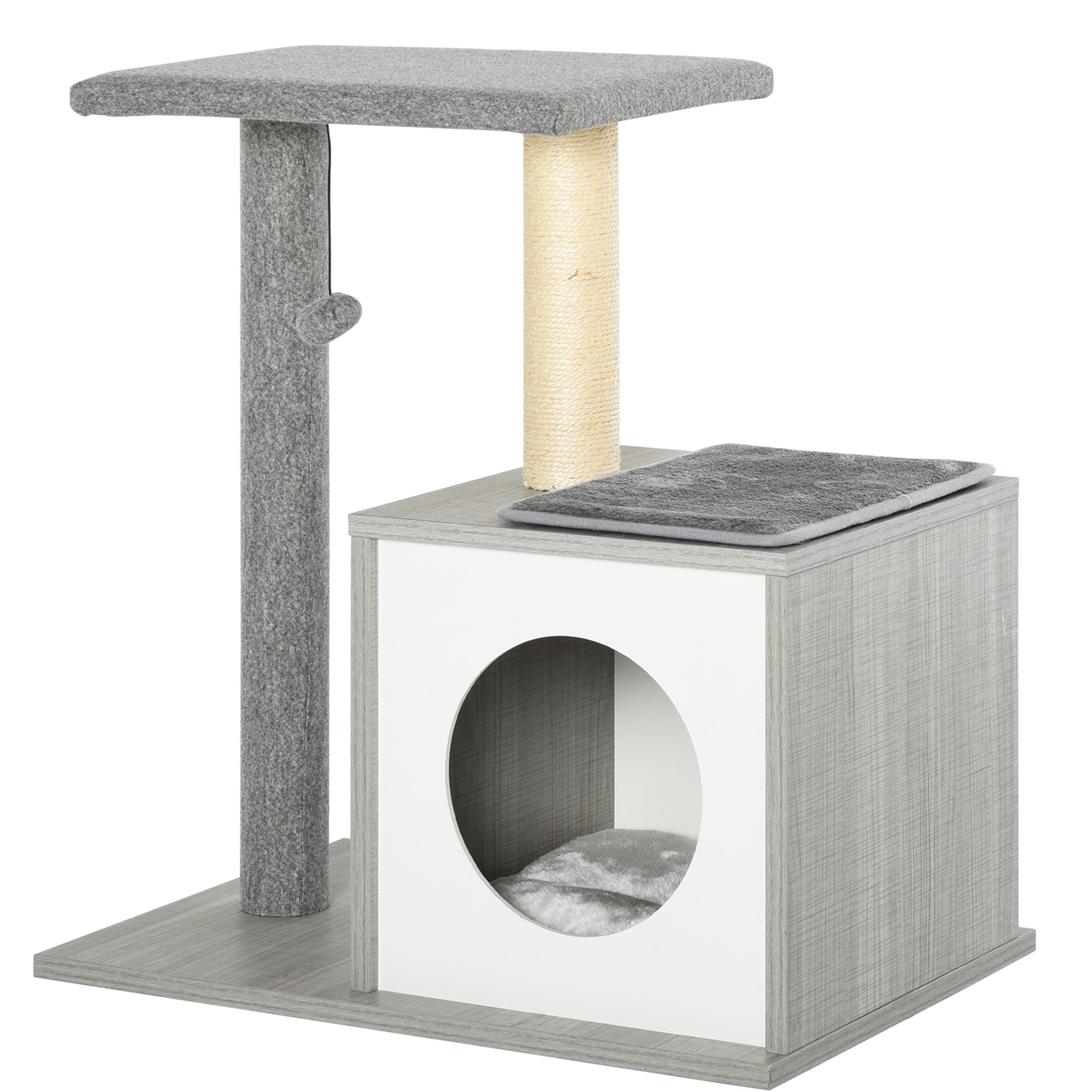 PawHut Cat Tree Condo with Natural Sisal Rope Scratching Post for Pets Multi-level Cat Tree Activity Center for Kittens Cat Tower Furniture Grey