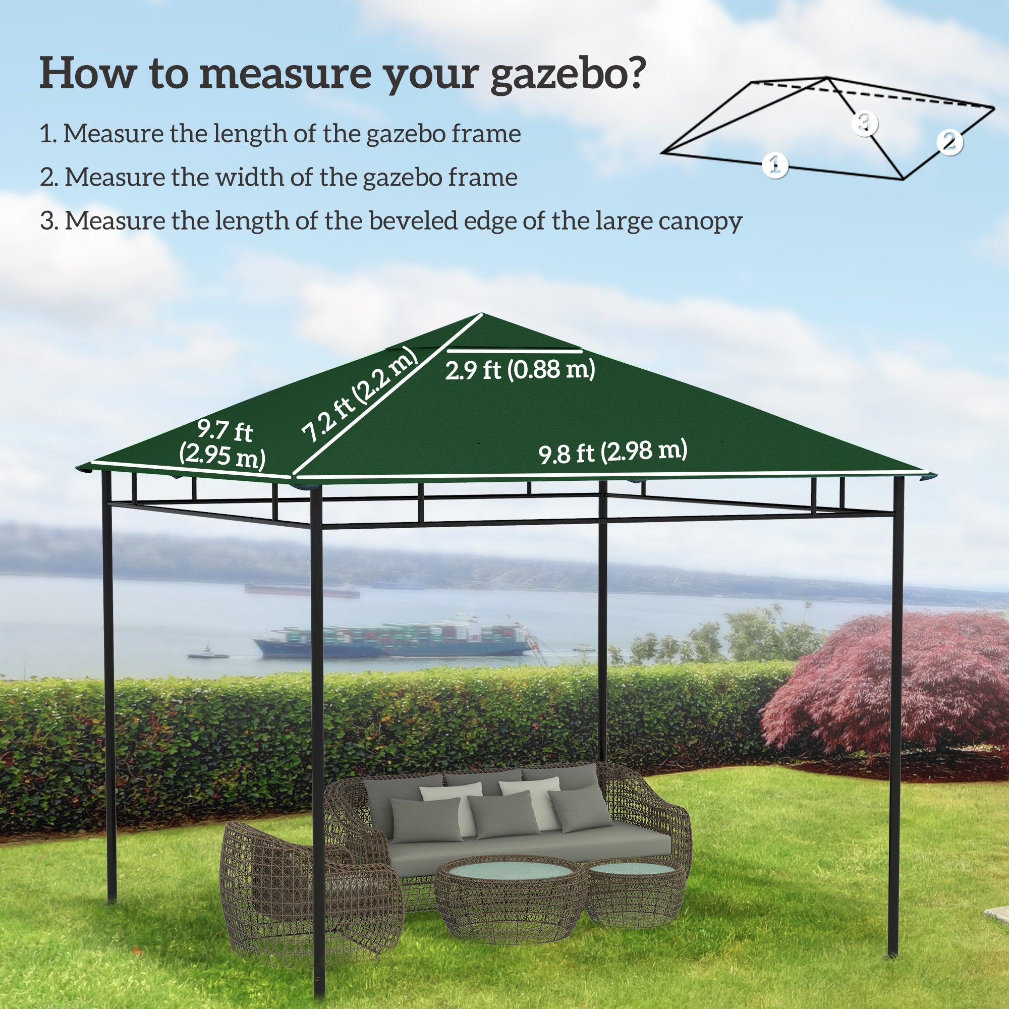 Outsunny 9.8' x 9.7' Square Gazebo Canopy Replacement UV Protected Top Cover Sun Shade Green