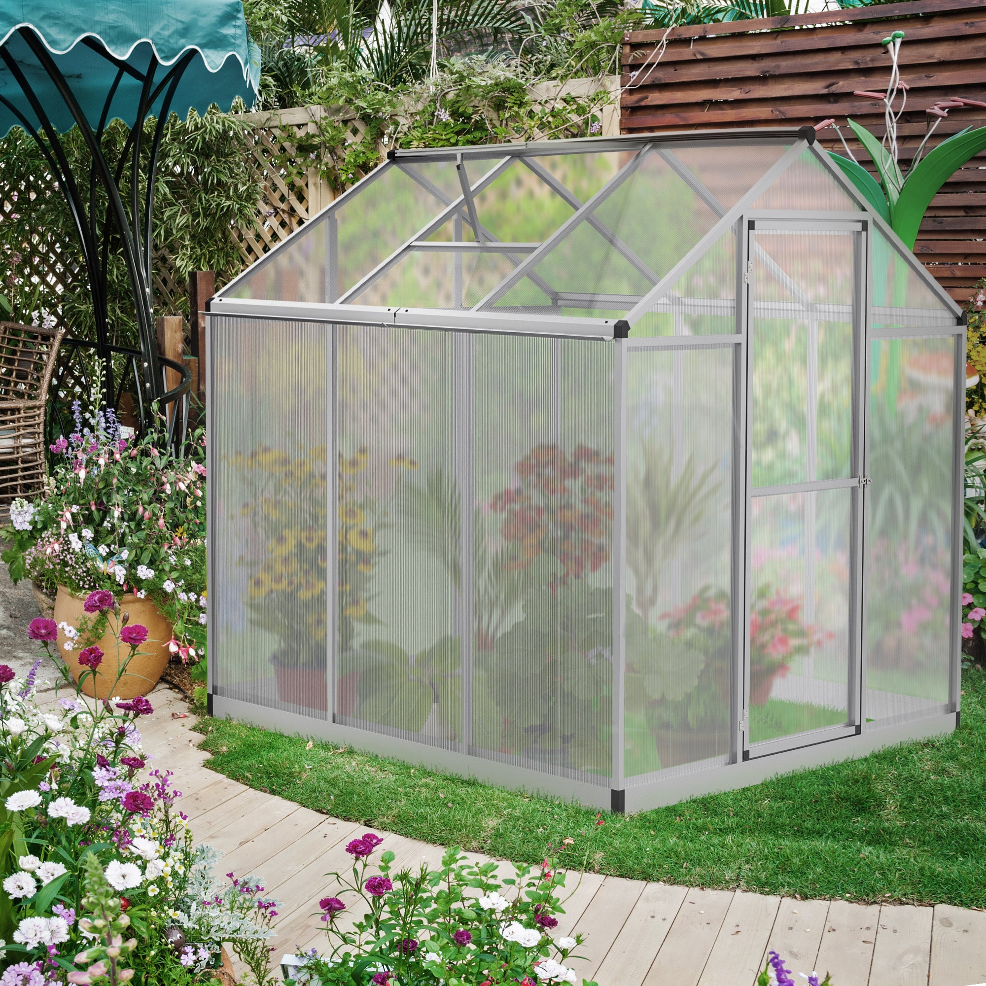 Outsunny 6' x 6' x 6.4' Walk-in Garden Greenhouse Polycarbonate Panels Plants Flower Growth Shed Cold Frame Outdoor Portable Warm House Aluminum Frame, Silver