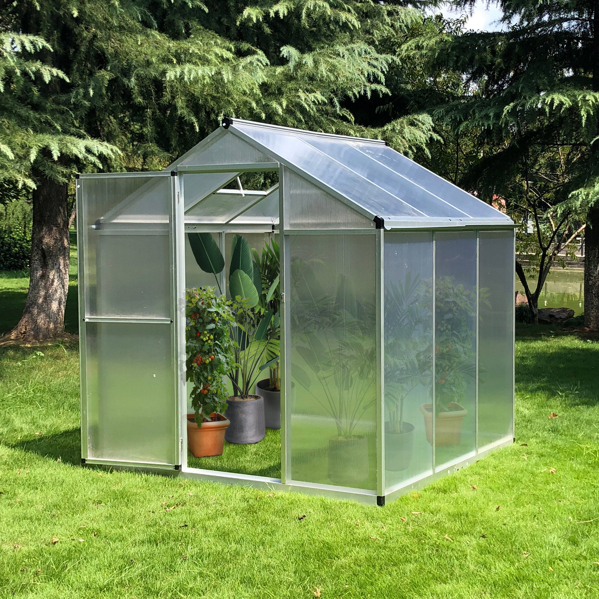 Outsunny 6' x 6' x 6.4' Walk-in Garden Greenhouse Polycarbonate Panels Plants Flower Growth Shed Cold Frame Outdoor Portable Warm House Aluminum Frame, Silver