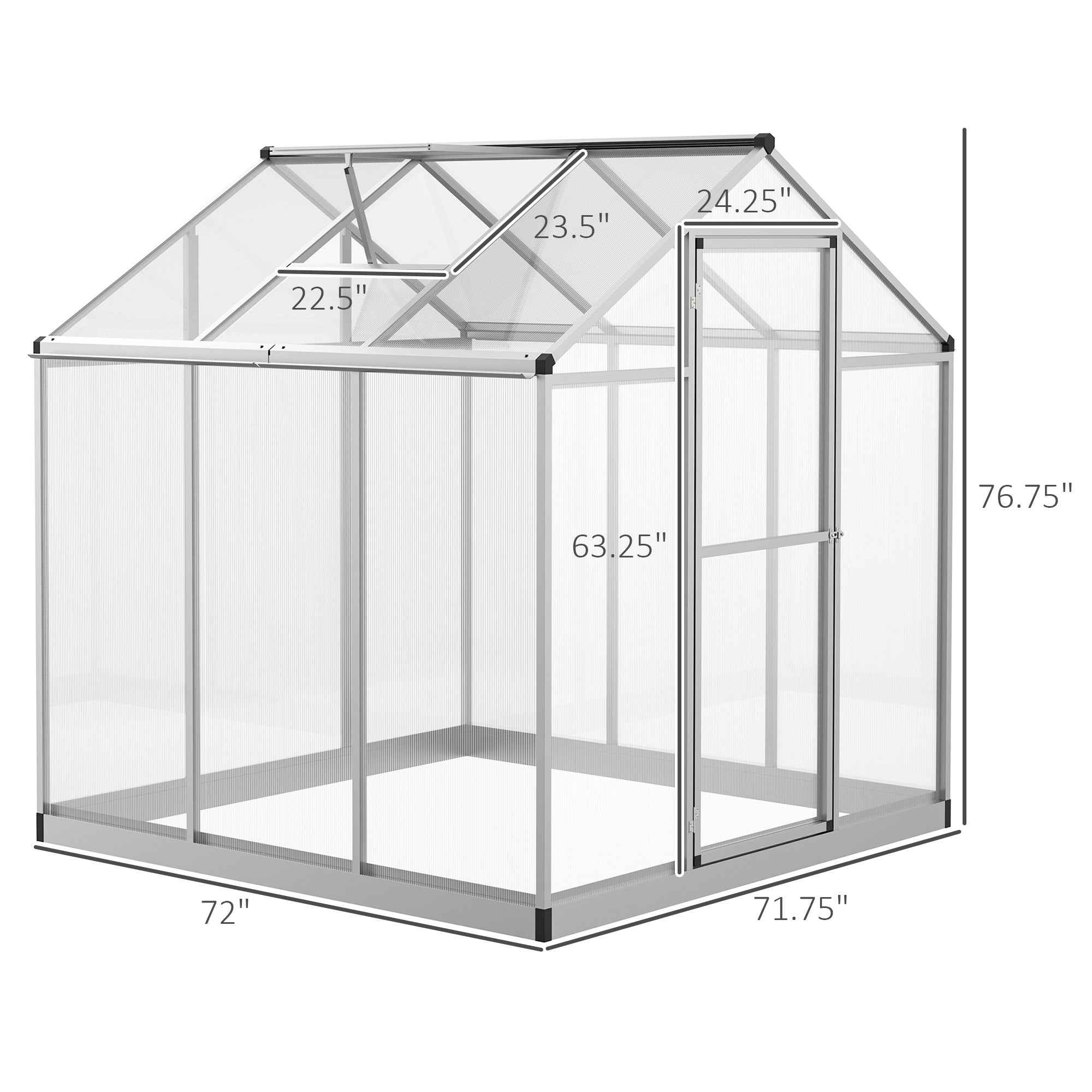Outsunny 6' x 6' x 6.4' Walk-in Garden Greenhouse Polycarbonate Panels Plants Flower Growth Shed Cold Frame Outdoor Portable Warm House Aluminum Frame, Silver