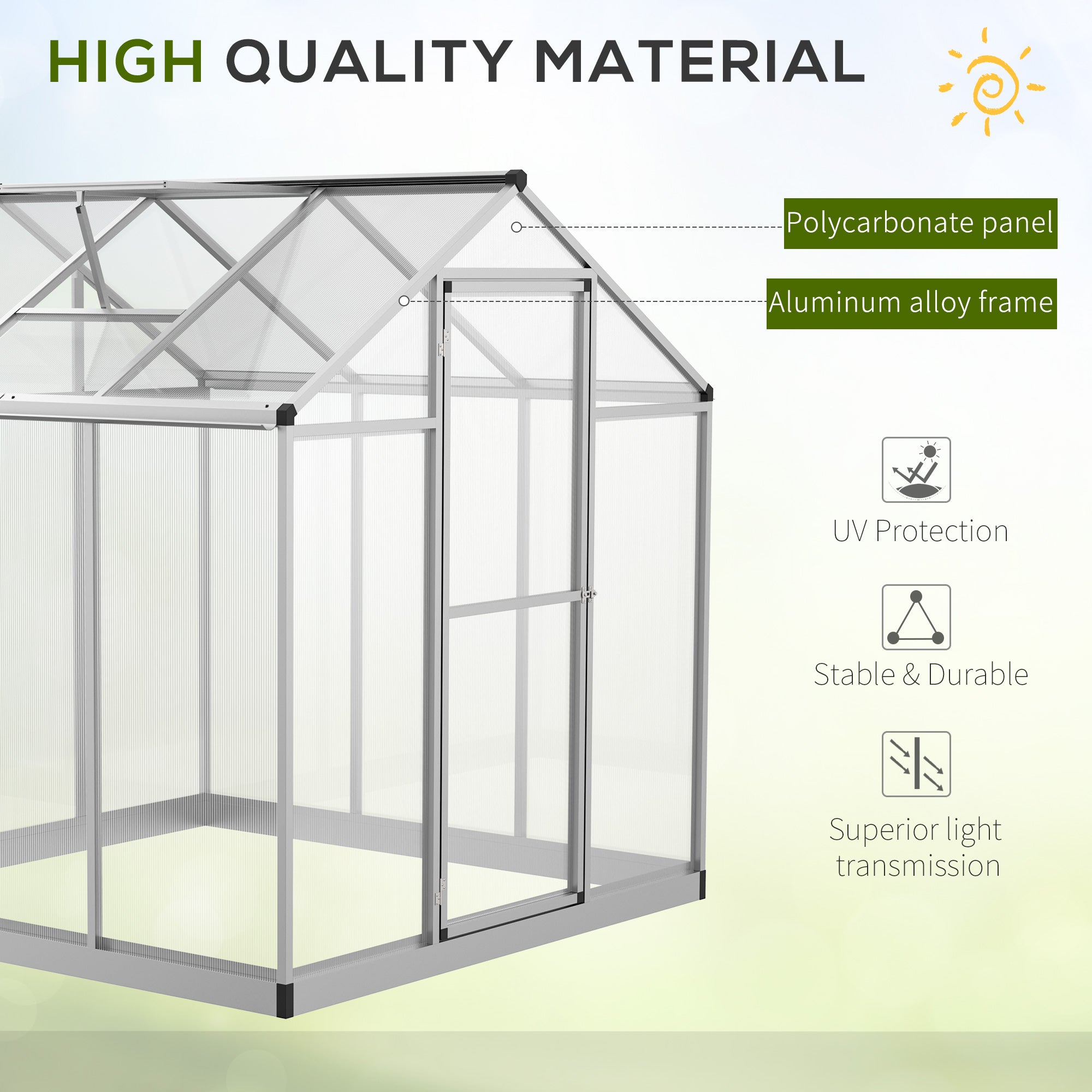 Outsunny 6' x 6' x 6.4' Walk-in Garden Greenhouse Polycarbonate Panels Plants Flower Growth Shed Cold Frame Outdoor Portable Warm House Aluminum Frame, Silver