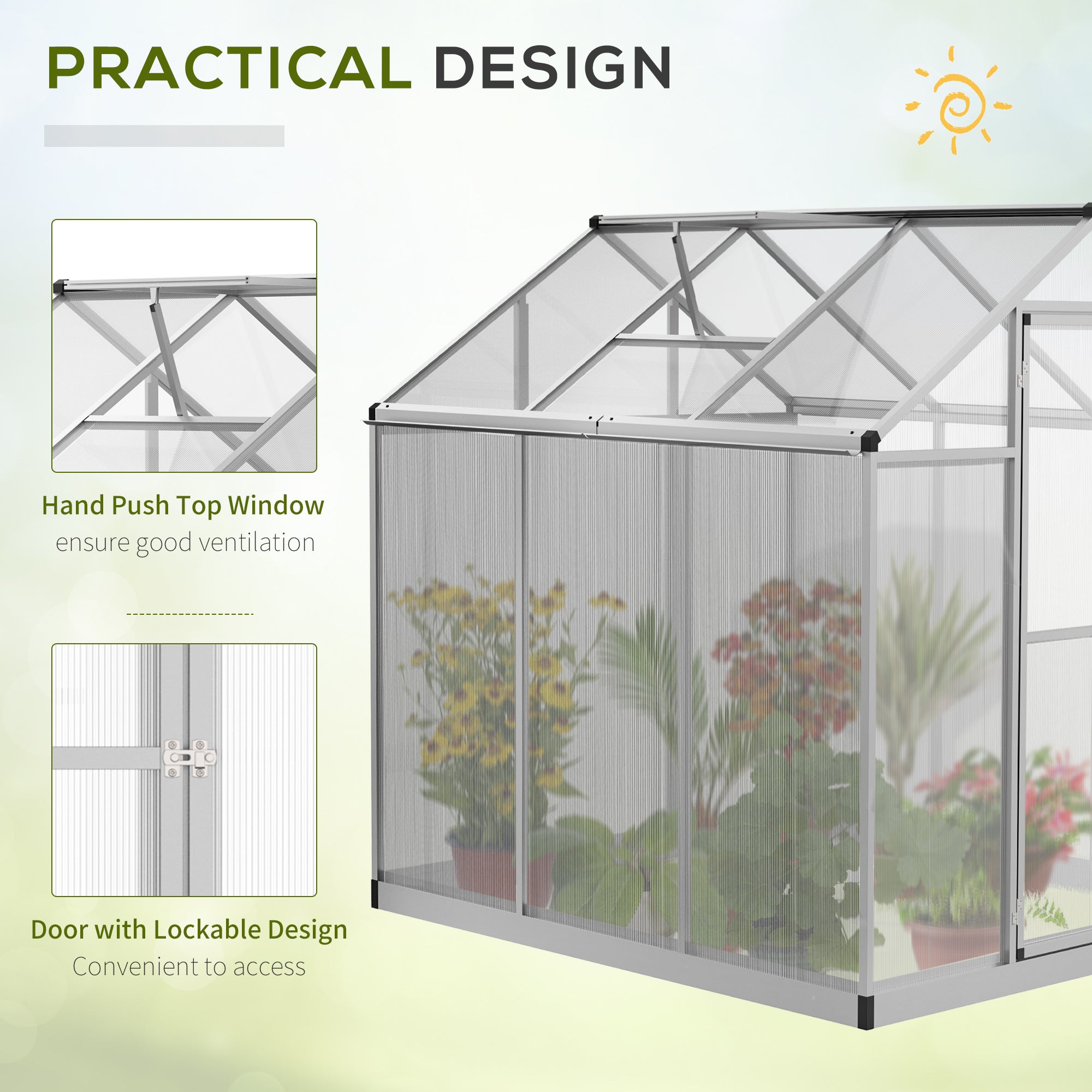 Outsunny 6' x 6' x 6.4' Walk-in Garden Greenhouse Polycarbonate Panels Plants Flower Growth Shed Cold Frame Outdoor Portable Warm House Aluminum Frame, Silver