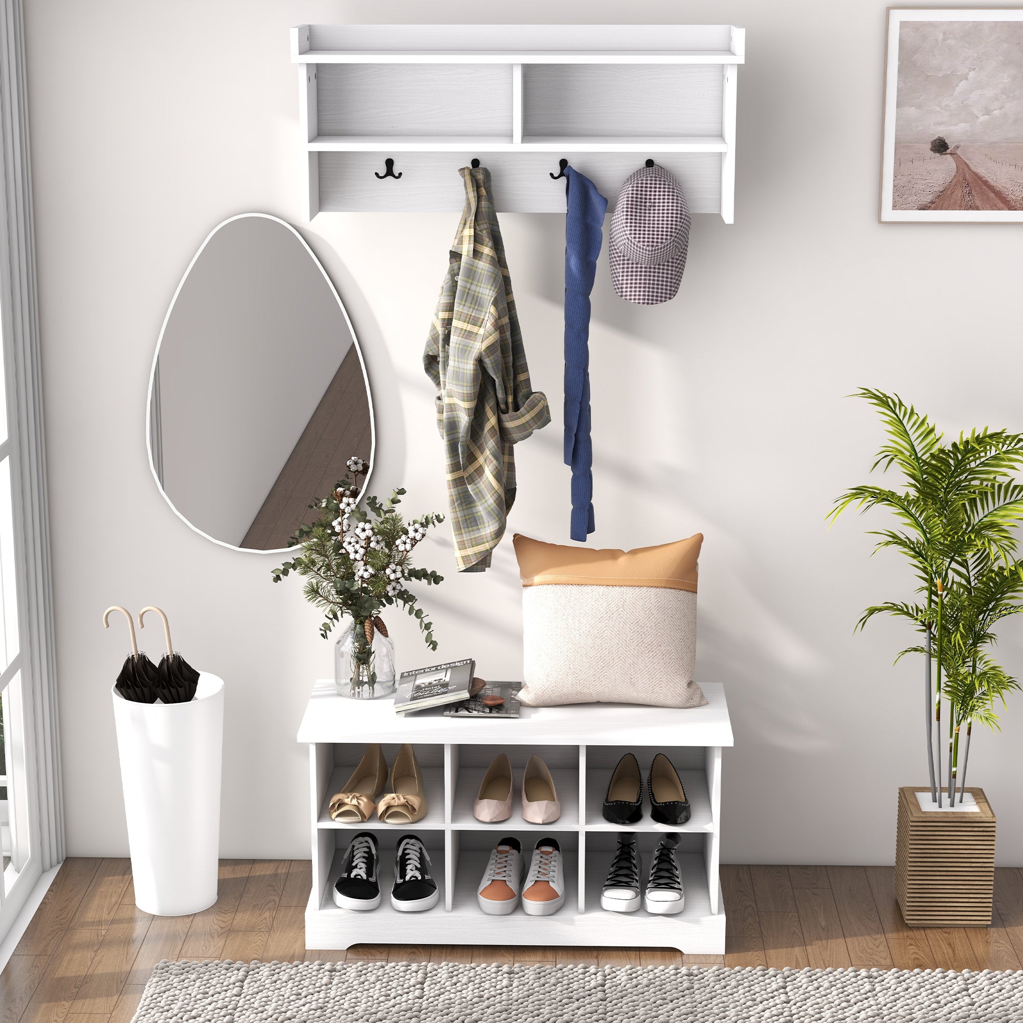 HOMCOM Coat Rack Shoe Bench Set, Entryway Shoe Bench with 8 Storage Cubbies, 4 Hooks, Modern Hall Tree for Hallway, Living Room and Bedroom, White