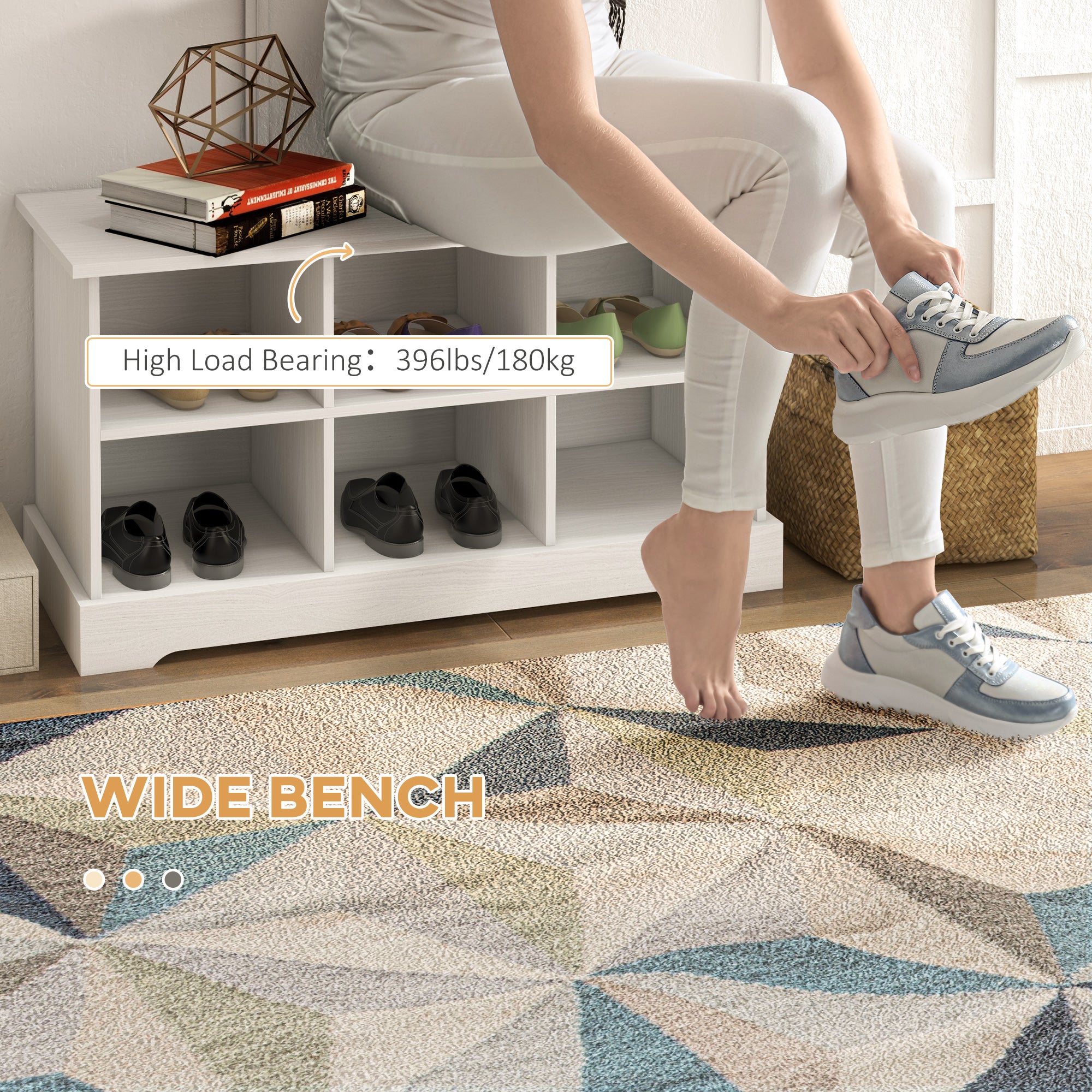 HOMCOM Coat Rack Shoe Bench Set, Entryway Shoe Bench with 8 Storage Cubbies, 4 Hooks, Modern Hall Tree for Hallway, Living Room and Bedroom, White