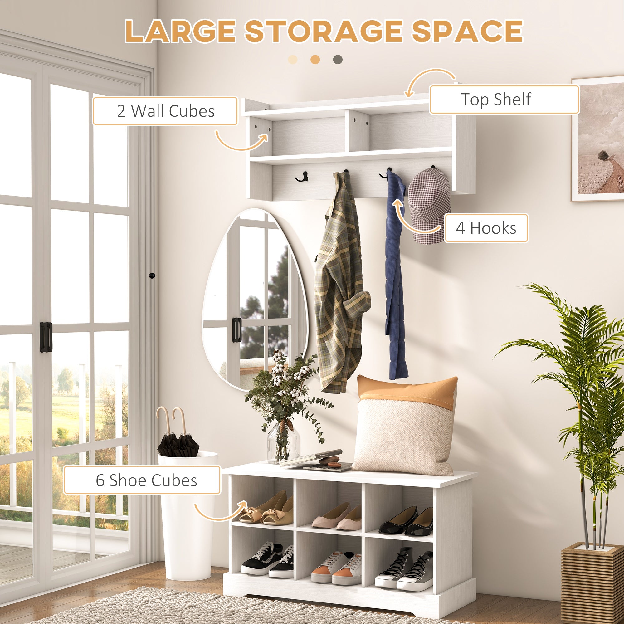 HOMCOM Coat Rack Shoe Bench Set, Entryway Shoe Bench with 8 Storage Cubbies, 4 Hooks, Modern Hall Tree for Hallway, Living Room and Bedroom, White