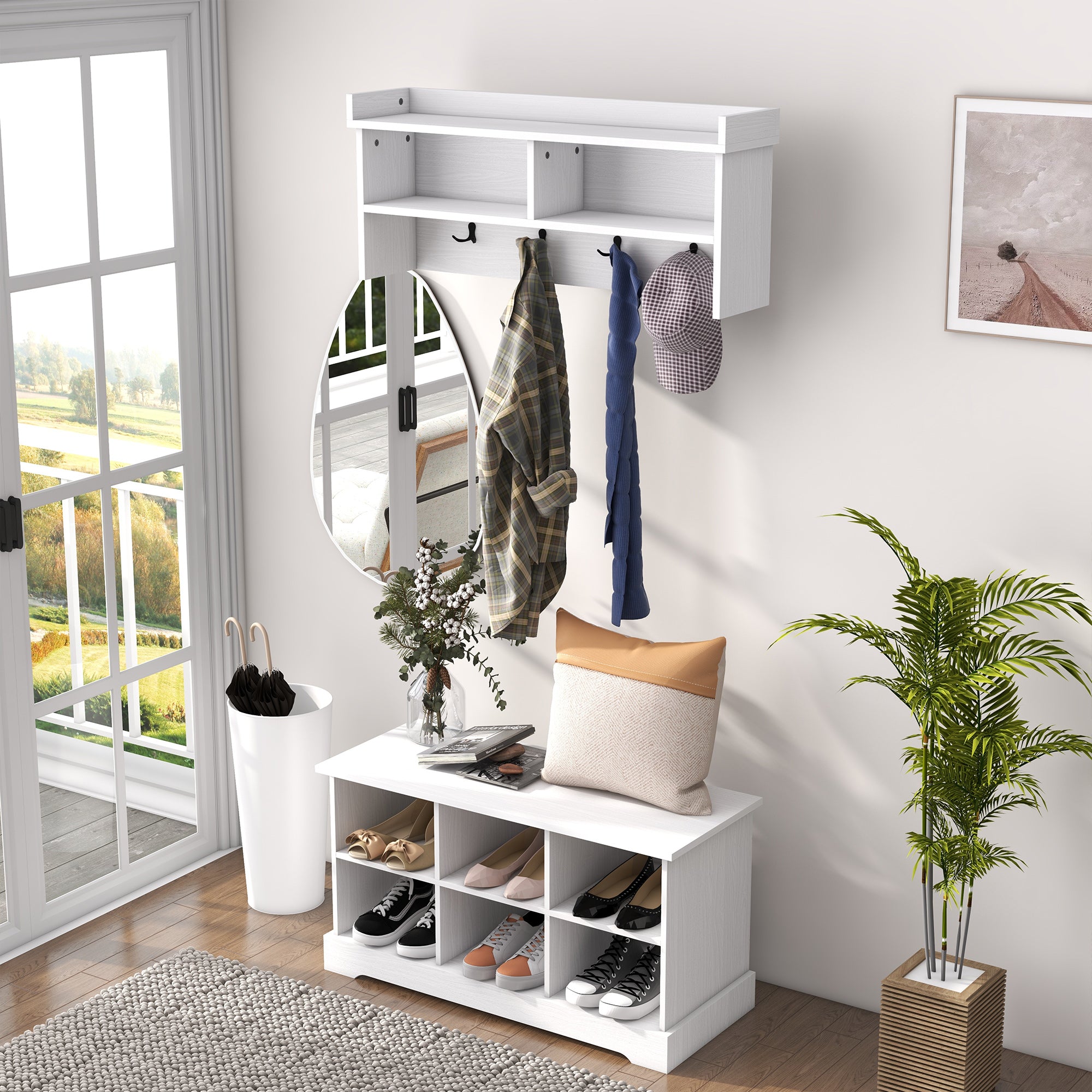 HOMCOM Coat Rack Shoe Bench Set, Entryway Shoe Bench with 8 Storage Cubbies, 4 Hooks, Modern Hall Tree for Hallway, Living Room and Bedroom, White