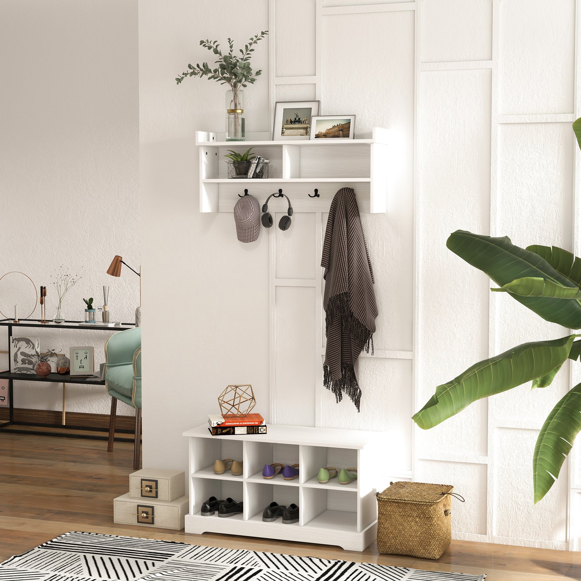 HOMCOM Coat Rack Shoe Bench Set, Entryway Shoe Bench with 8 Storage Cubbies, 4 Hooks, Modern Hall Tree for Hallway, Living Room and Bedroom, White