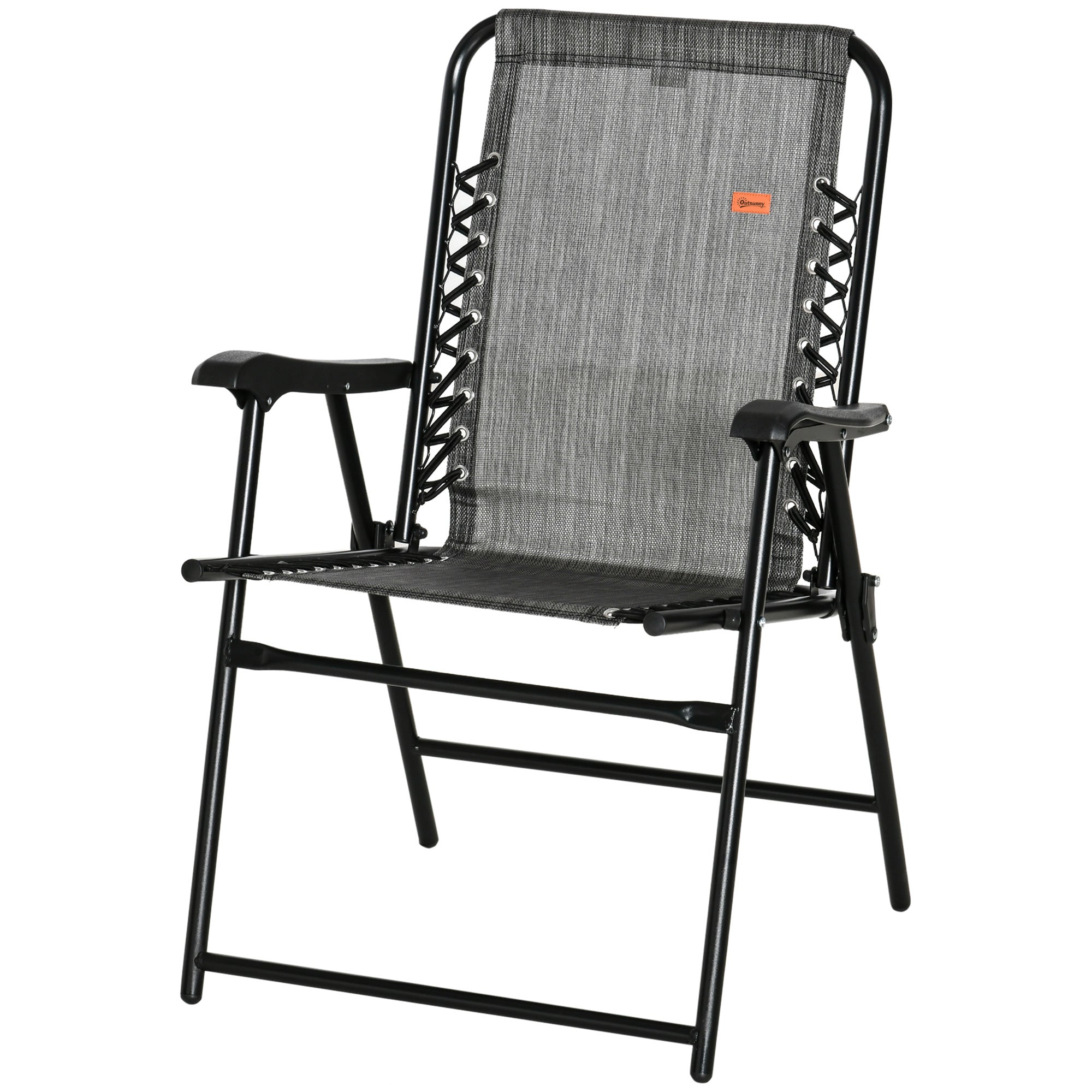 Outsunny Outdoor Folding Chair, Bungee Sling Foldable Chair with Armrests, Folding Lawn Chair for Camping, Garden, Pool, Beach, Backyard, Grey