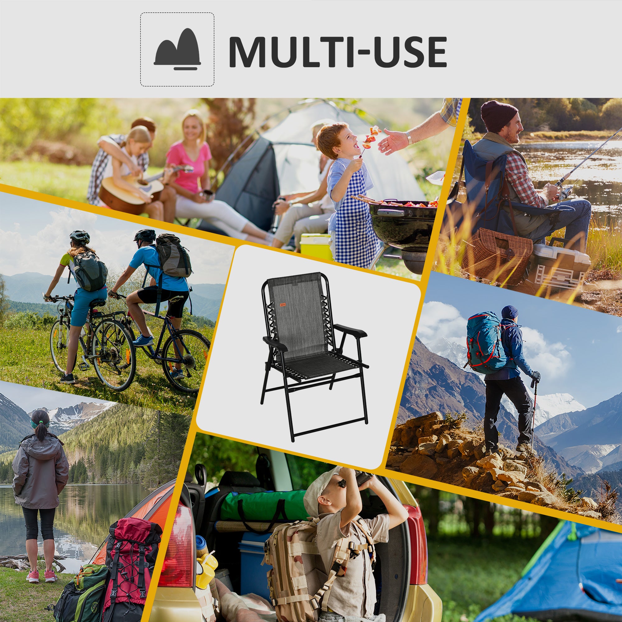 Outsunny Outdoor Folding Chair, Bungee Sling Foldable Chair with Armrests, Folding Lawn Chair for Camping, Garden, Pool, Beach, Backyard, Grey