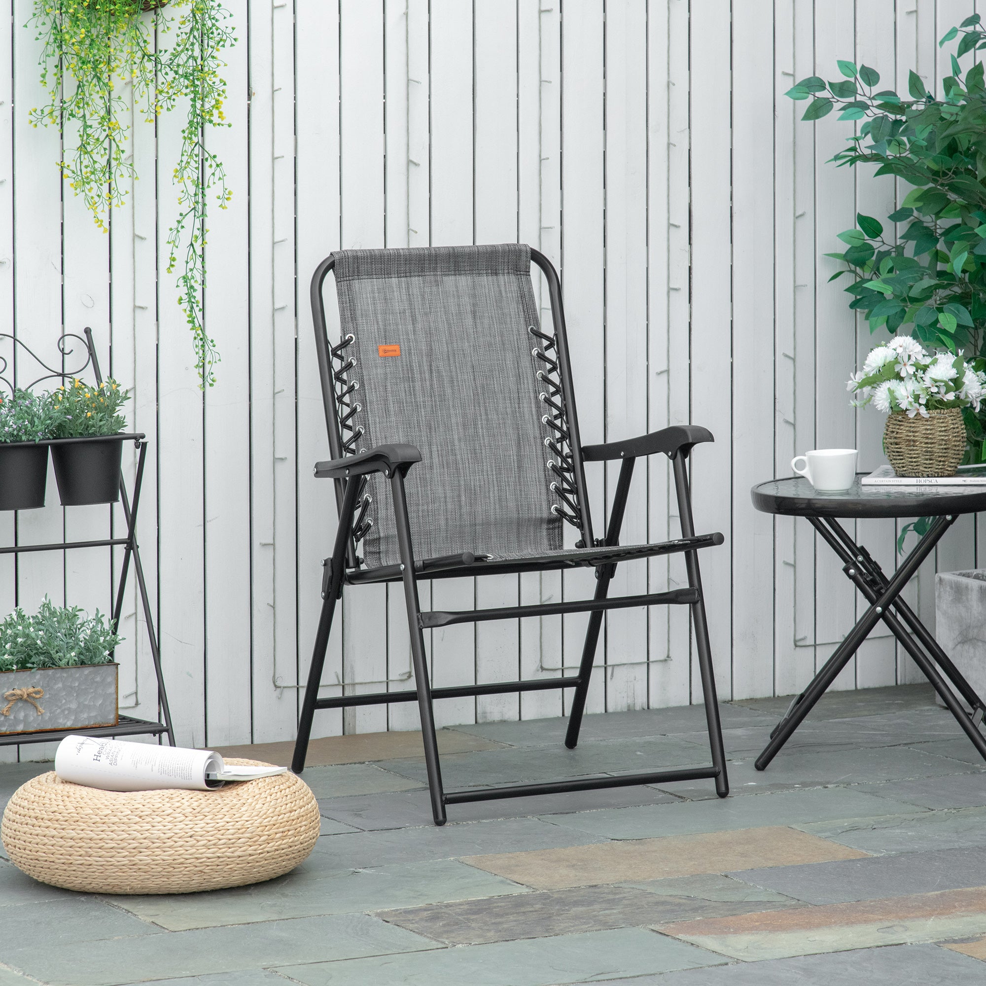 Outsunny Outdoor Folding Chair, Bungee Sling Foldable Chair with Armrests, Folding Lawn Chair for Camping, Garden, Pool, Beach, Backyard, Grey