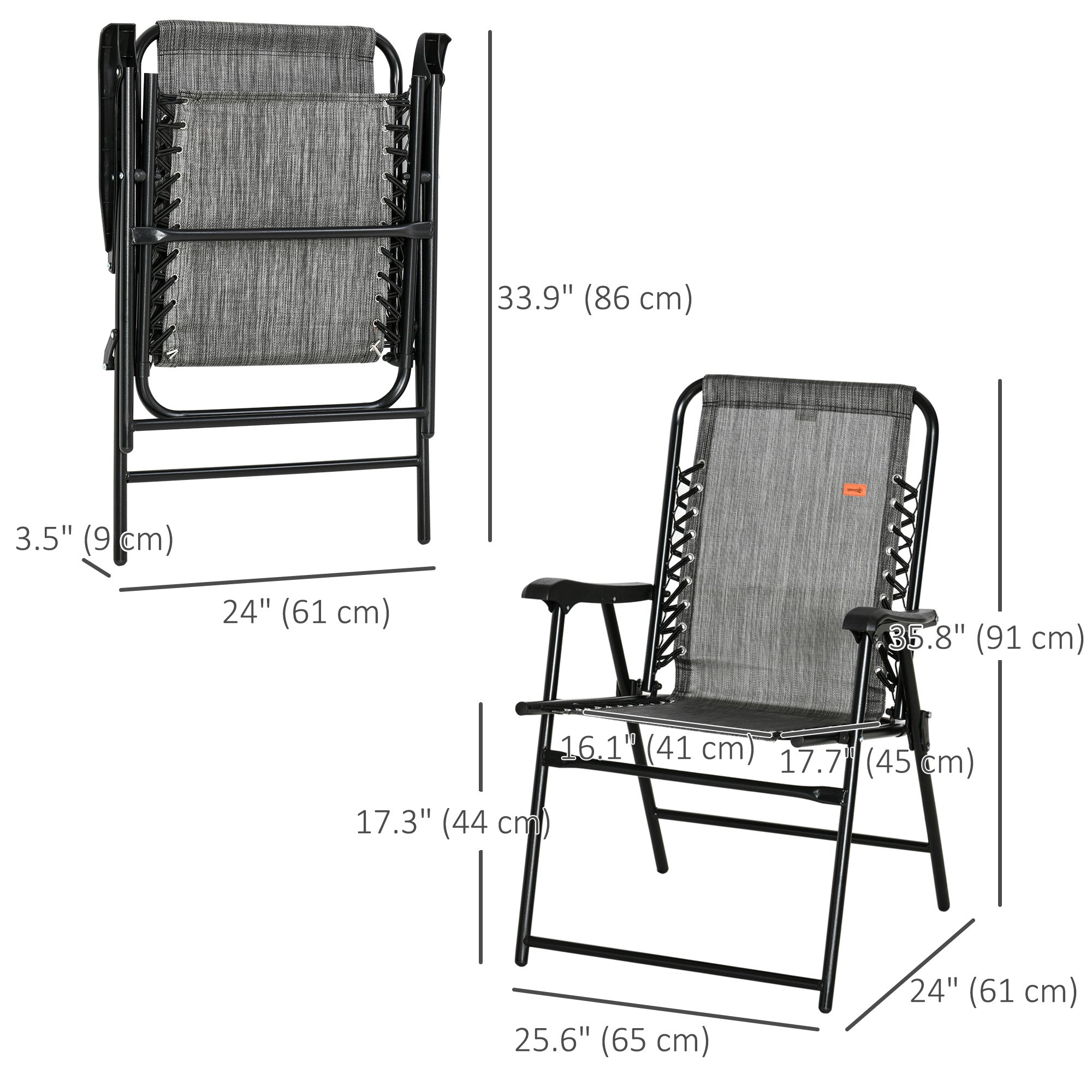 Outsunny Outdoor Folding Chair, Bungee Sling Foldable Chair with Armrests, Folding Lawn Chair for Camping, Garden, Pool, Beach, Backyard, Grey
