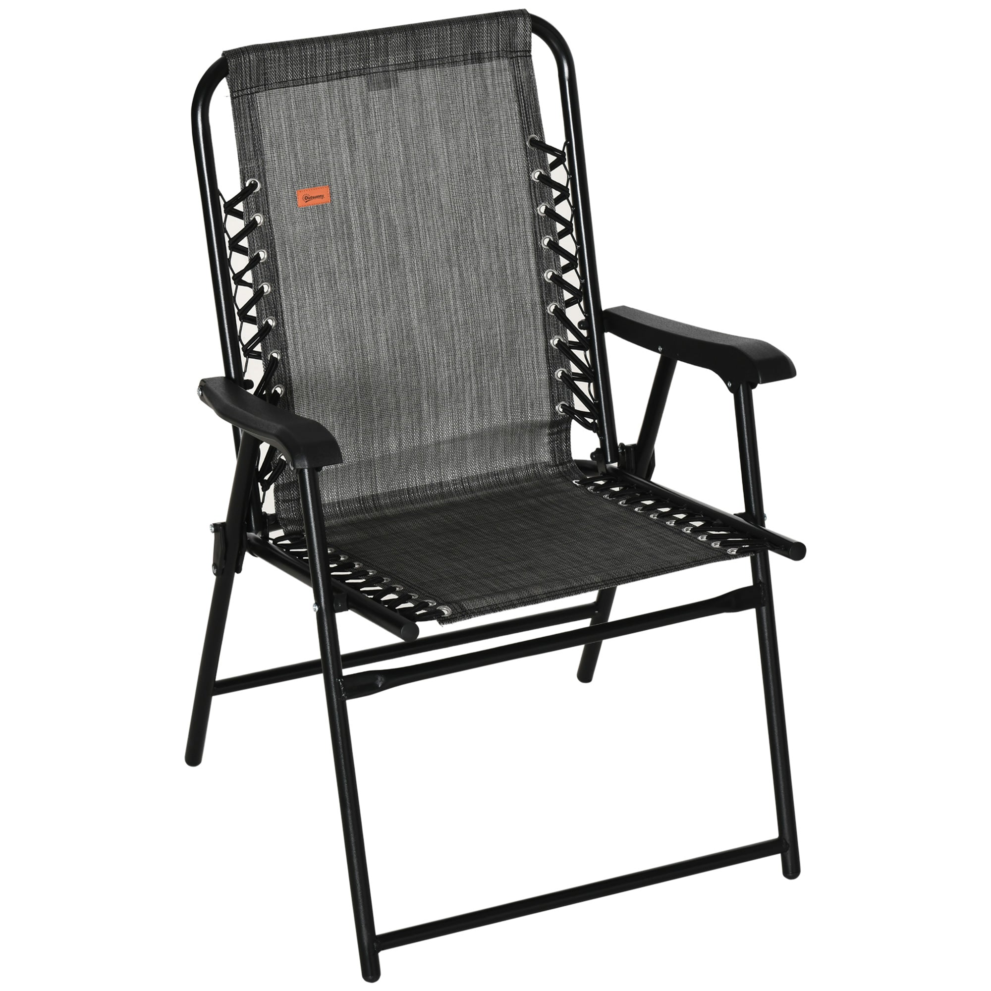 Outsunny Outdoor Folding Chair, Bungee Sling Foldable Chair with Armrests, Folding Lawn Chair for Camping, Garden, Pool, Beach, Backyard, Grey