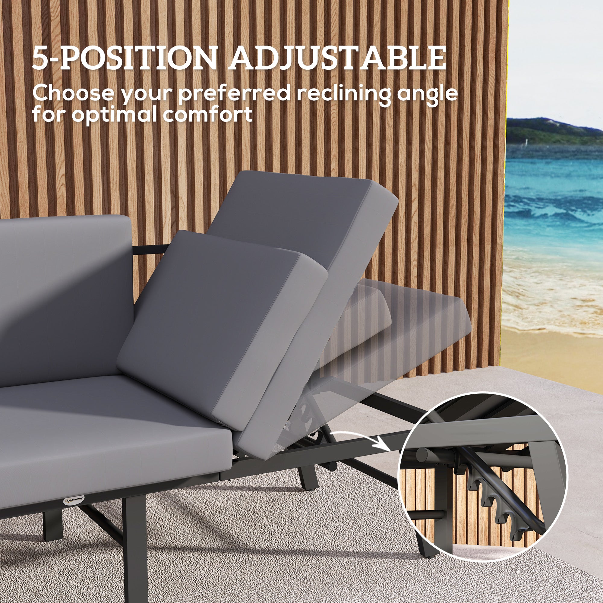 Outsunny 3-in-1 Convertible Outdoor Sofa, 3-Seater Outdoor Couch with Cushions, 5-Position Adjustable Reclining Lounge Chair, Patio Loveseat with Folding Center Table, Grey