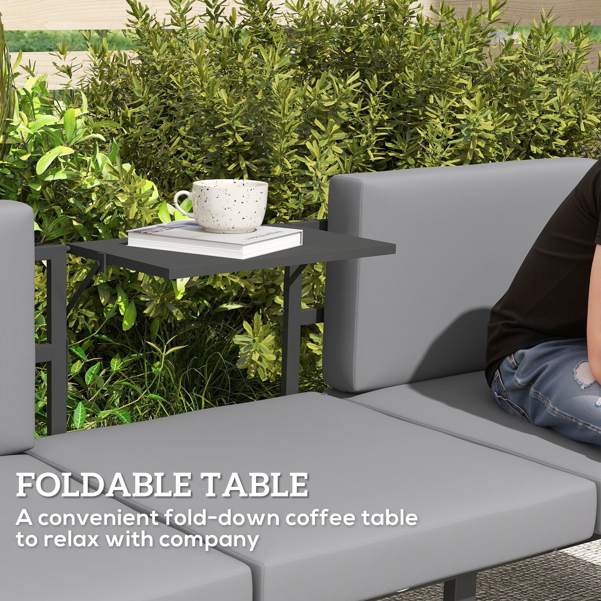 Outsunny 3-in-1 Convertible Outdoor Sofa, 3-Seater Outdoor Couch with Cushions, 5-Position Adjustable Reclining Lounge Chair, Patio Loveseat with Folding Center Table, Grey
