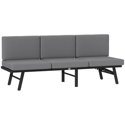 Outsunny 3-in-1 Convertible Outdoor Sofa, 3-Seater Outdoor Couch with Cushions, 5-Position Adjustable Reclining Lounge Chair, Patio Loveseat with Folding Center Table, Grey