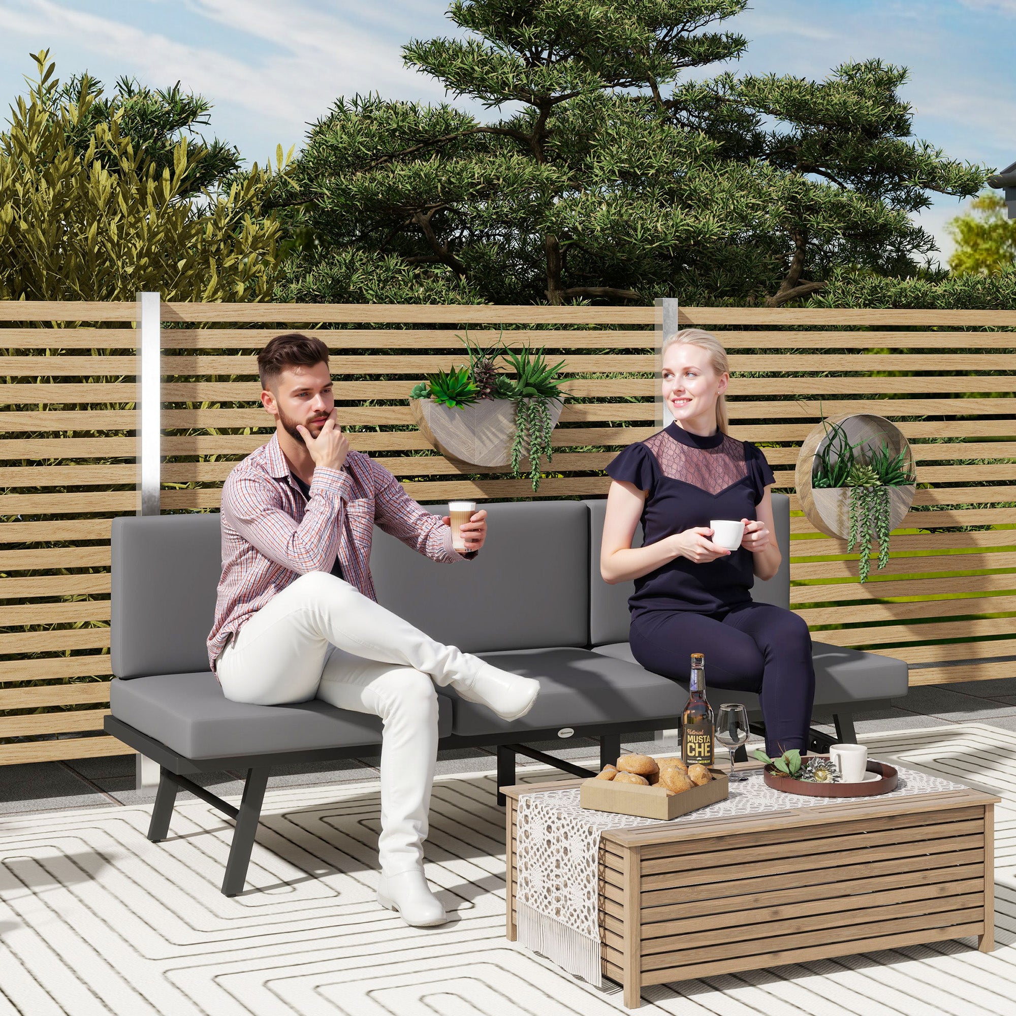 Outsunny 3-in-1 Convertible Outdoor Sofa, 3-Seater Outdoor Couch with Cushions, 5-Position Adjustable Reclining Lounge Chair, Patio Loveseat with Folding Center Table, Grey