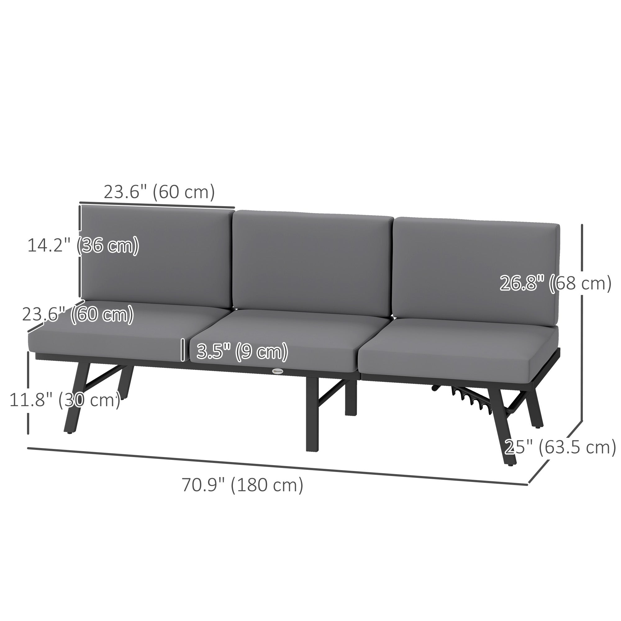 Outsunny 3-in-1 Convertible Outdoor Sofa, 3-Seater Outdoor Couch with Cushions, 5-Position Adjustable Reclining Lounge Chair, Patio Loveseat with Folding Center Table, Grey