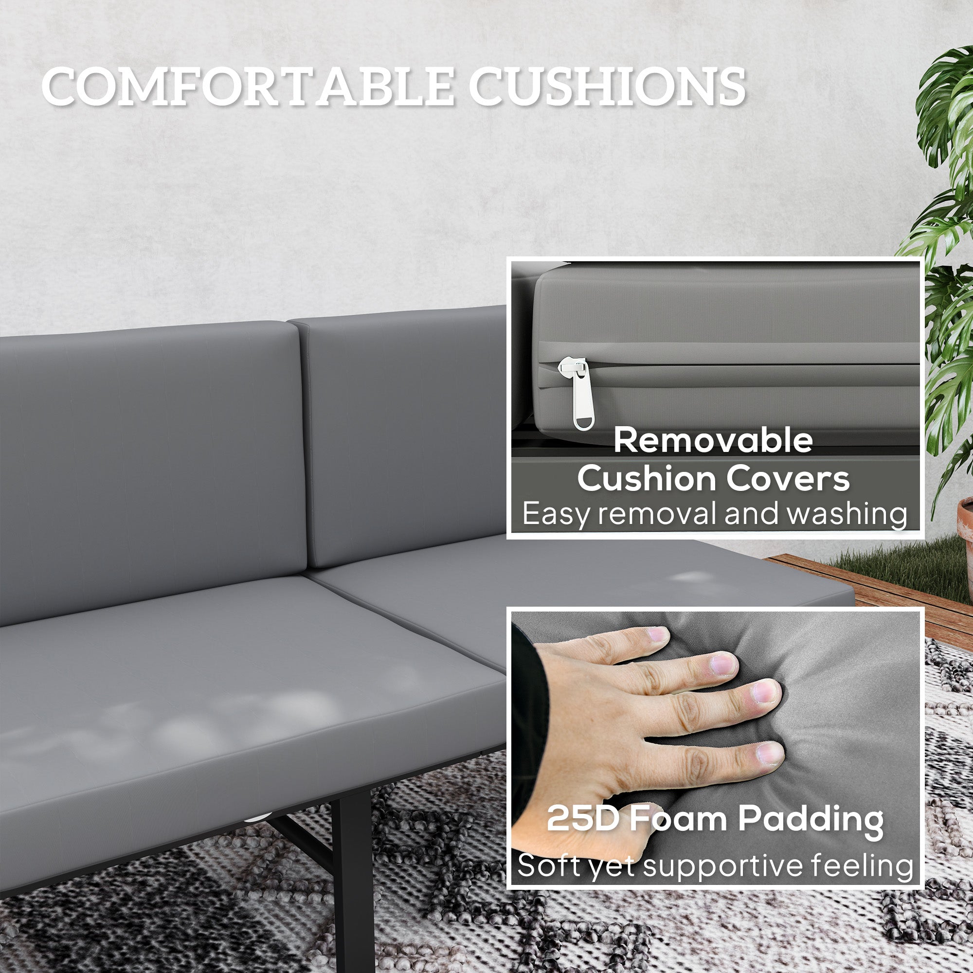 Outsunny 3-in-1 Convertible Outdoor Sofa, 3-Seater Outdoor Couch with Cushions, 5-Position Adjustable Reclining Lounge Chair, Patio Loveseat with Folding Center Table, Grey