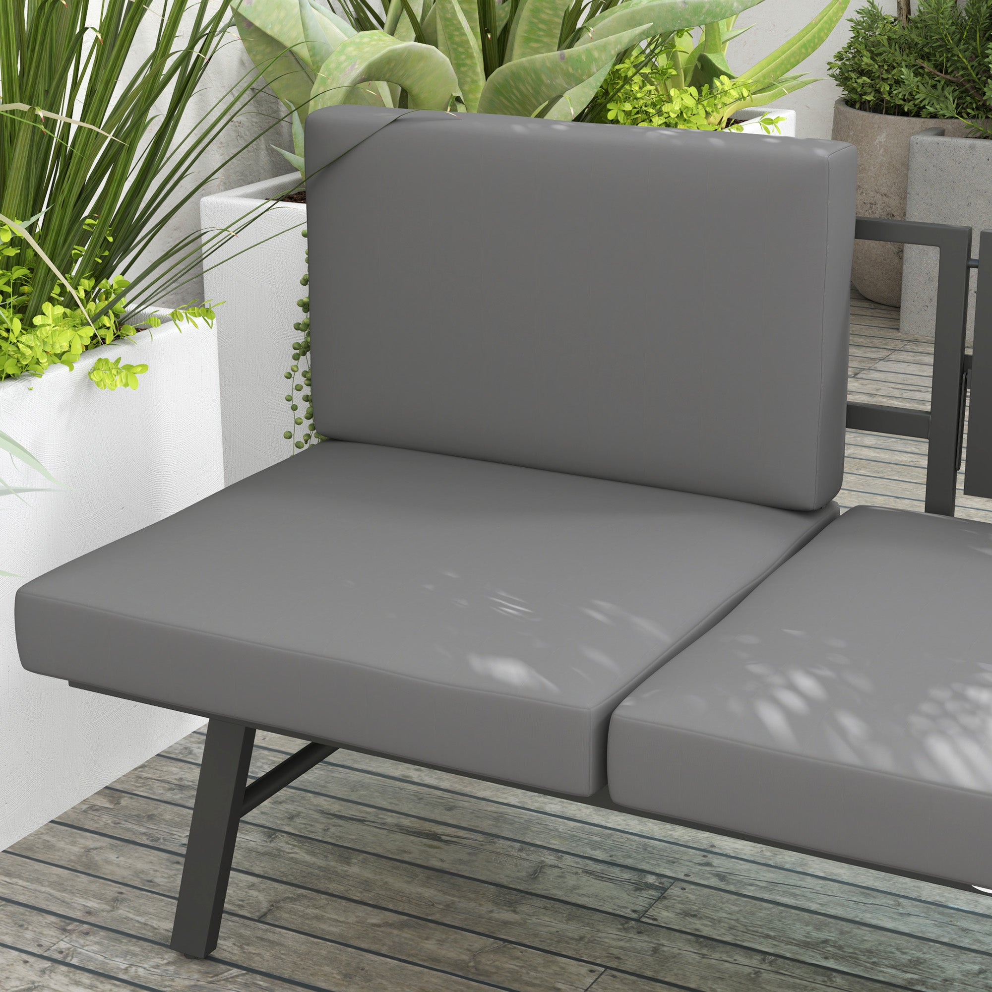 Outsunny 3-in-1 Convertible Outdoor Sofa, 3-Seater Outdoor Couch with Cushions, 5-Position Adjustable Reclining Lounge Chair, Patio Loveseat with Folding Center Table, Grey