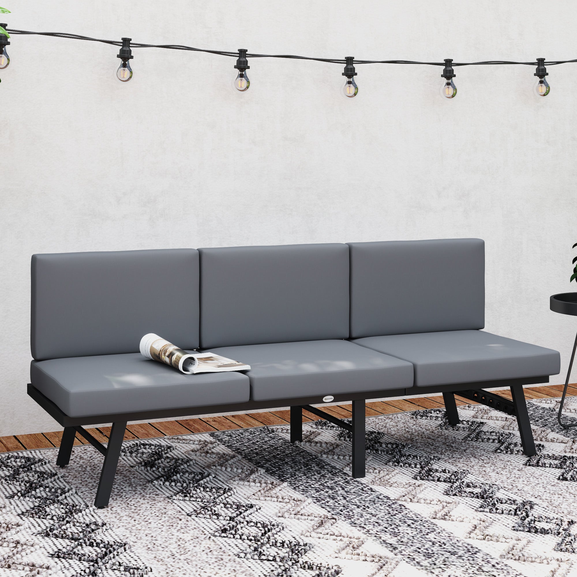 Outsunny 3-in-1 Convertible Outdoor Sofa, 3-Seater Outdoor Couch with Cushions, 5-Position Adjustable Reclining Lounge Chair, Patio Loveseat with Folding Center Table, Grey