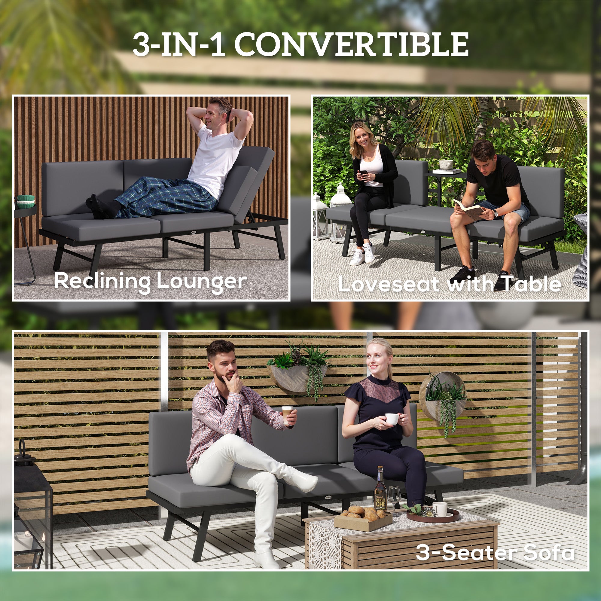 Outsunny 3-in-1 Convertible Outdoor Sofa, 3-Seater Outdoor Couch with Cushions, 5-Position Adjustable Reclining Lounge Chair, Patio Loveseat with Folding Center Table, Grey
