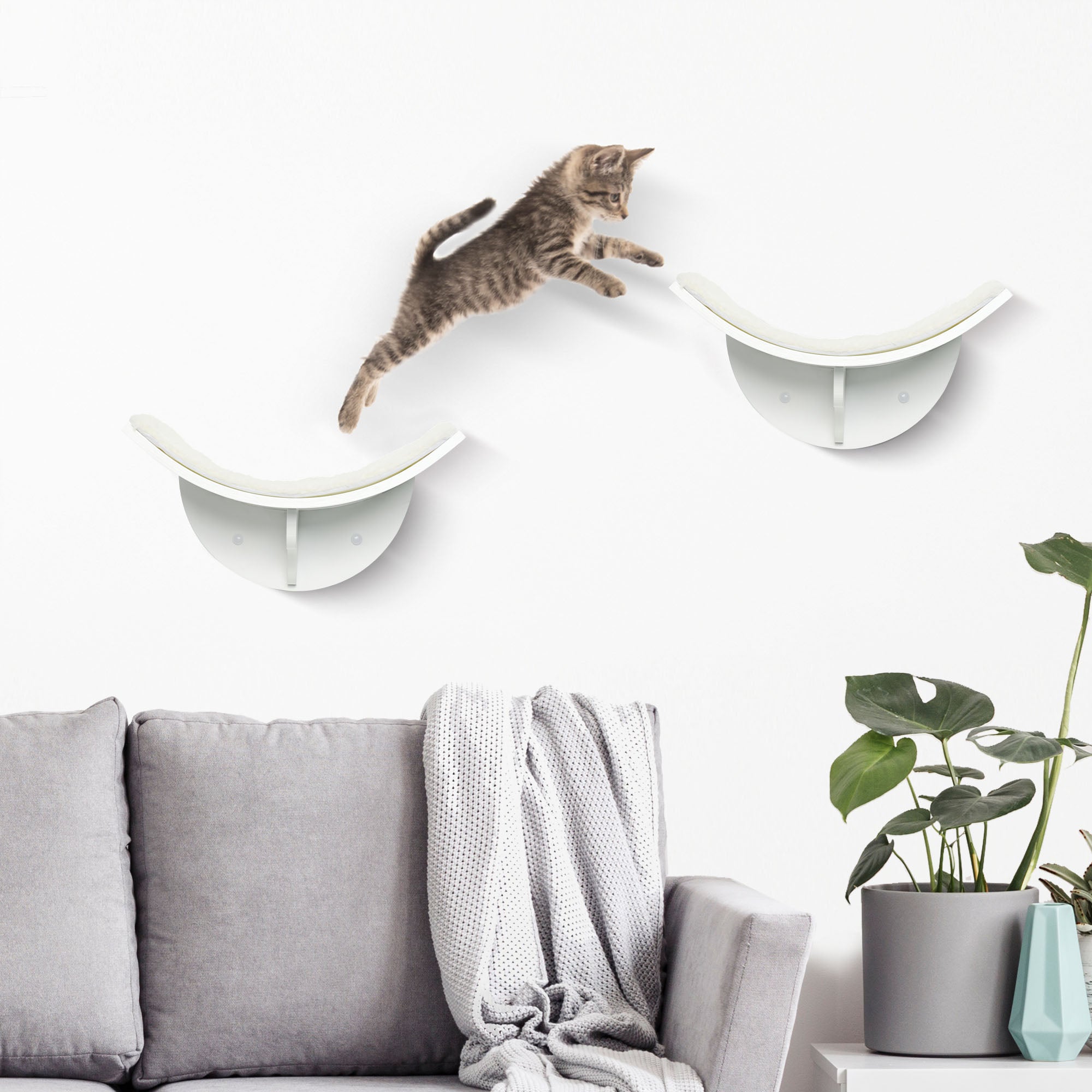 PawHut Wood Cat Shelves Wall-Mounted Shelter Curved Kitten Bed Cat Perch Climber Cat Furniture 41 x 28 x 21cm White