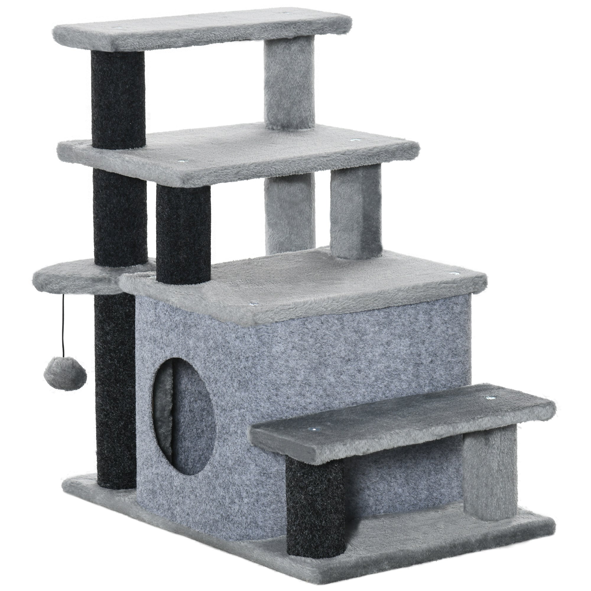 PawHut Pet Stairs, Adjustable Height 3 Step/4 Step Cat Steps with Cat Scratching Post, Cat Condo, Toy Ball for High Bed, Sofa, Couch, for Indoor Small Cats Kittens, Gray