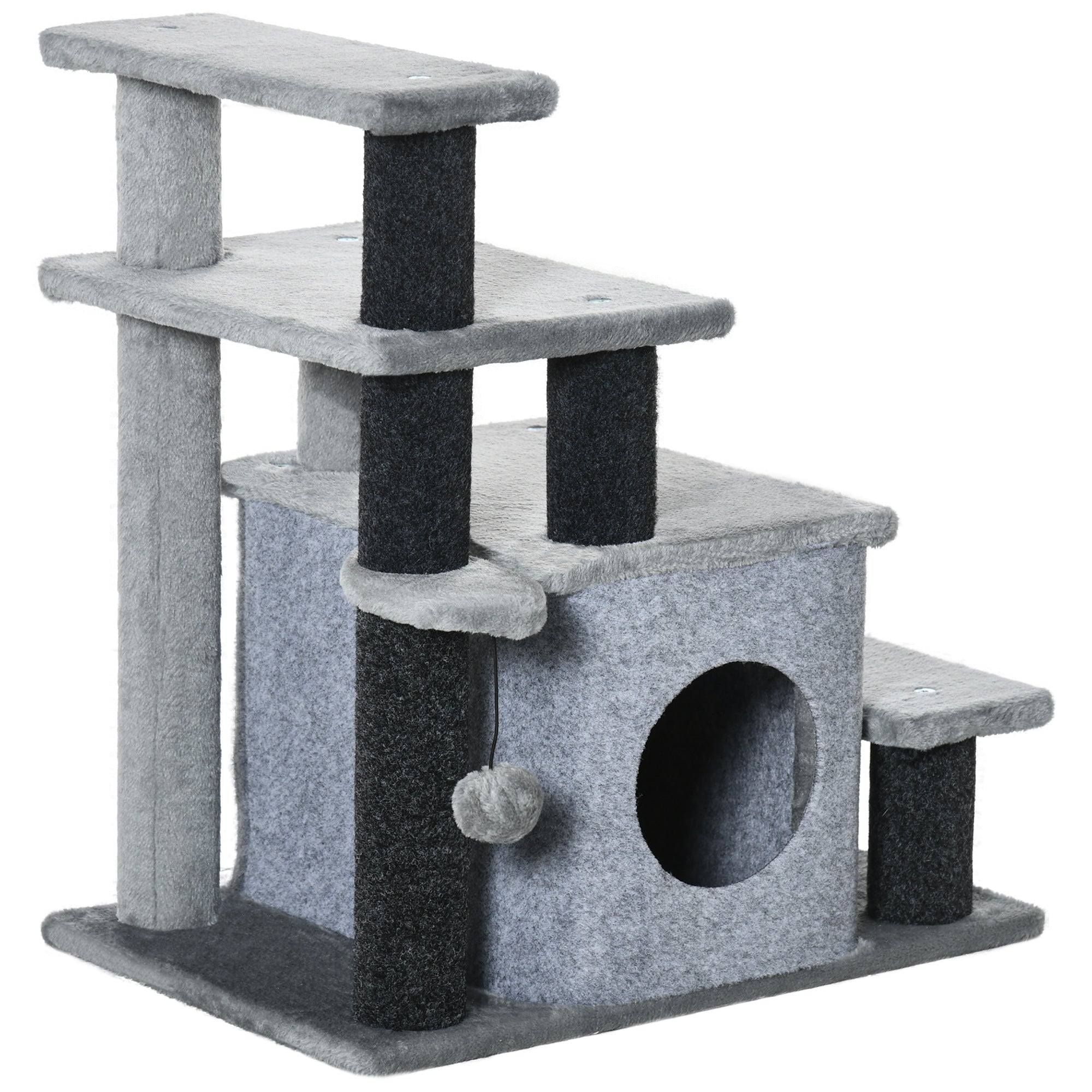 PawHut Pet Stairs, Adjustable Height 3 Step/4 Step Cat Steps with Cat Scratching Post, Cat Condo, Toy Ball for High Bed, Sofa, Couch, for Indoor Small Cats Kittens, Gray