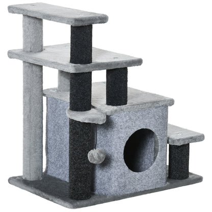 PawHut Pet Stairs, Adjustable Height 3 Step/4 Step Cat Steps with Cat Scratching Post, Cat Condo, Toy Ball for High Bed, Sofa, Couch, for Indoor Small Cats Kittens, Gray