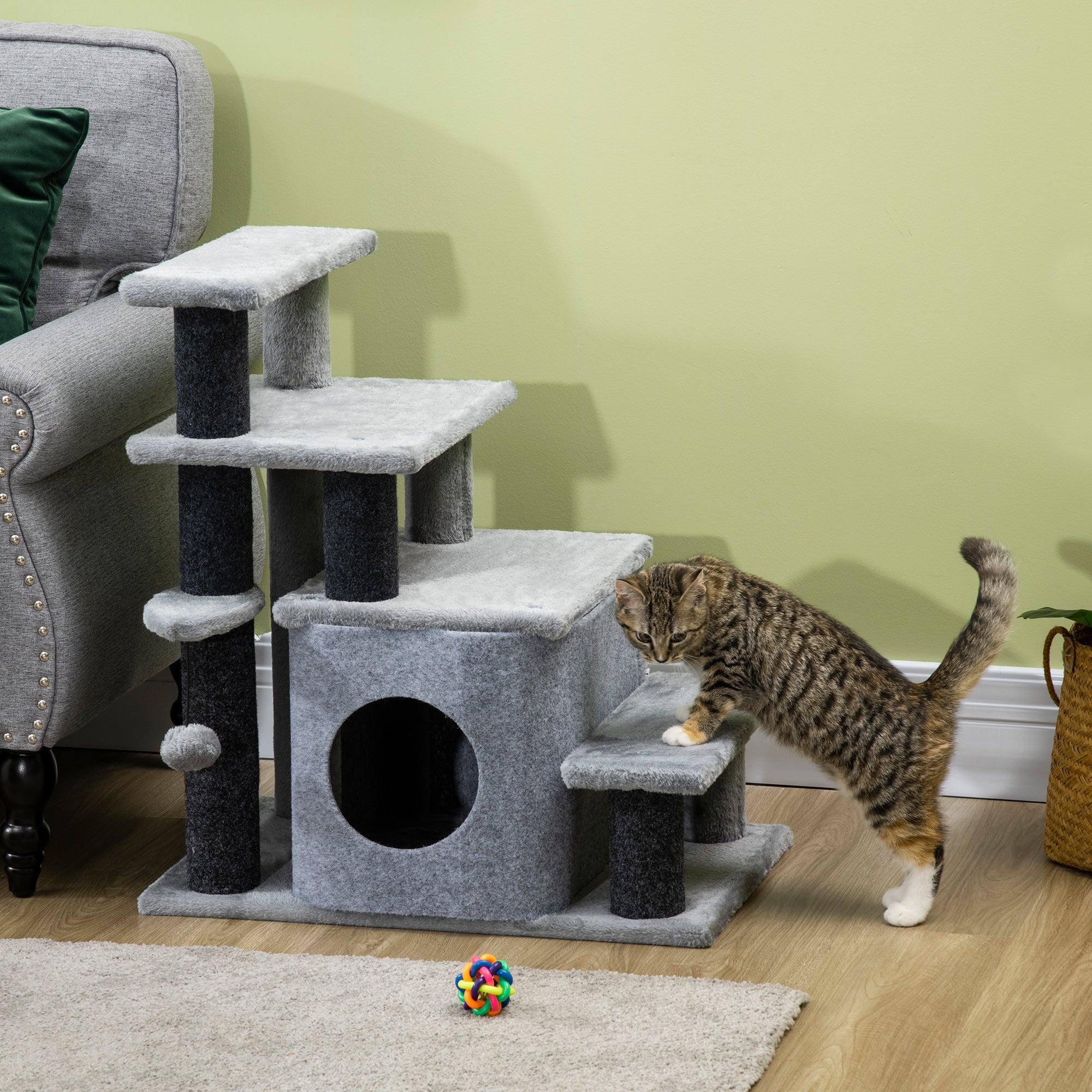 PawHut Pet Stairs, Adjustable Height 3 Step/4 Step Cat Steps with Cat Scratching Post, Cat Condo, Toy Ball for High Bed, Sofa, Couch, for Indoor Small Cats Kittens, Gray