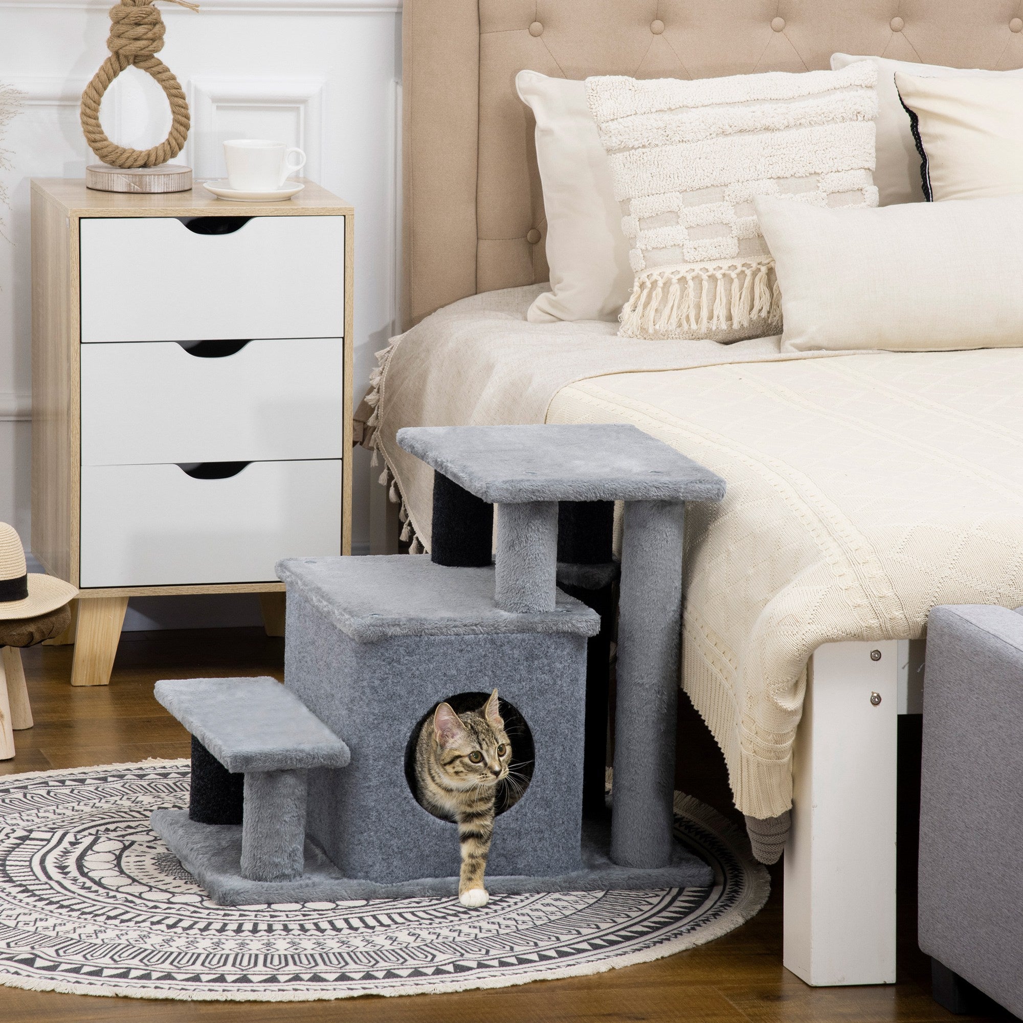 PawHut Pet Stairs, Adjustable Height 3 Step/4 Step Cat Steps with Cat Scratching Post, Cat Condo, Toy Ball for High Bed, Sofa, Couch, for Indoor Small Cats Kittens, Gray