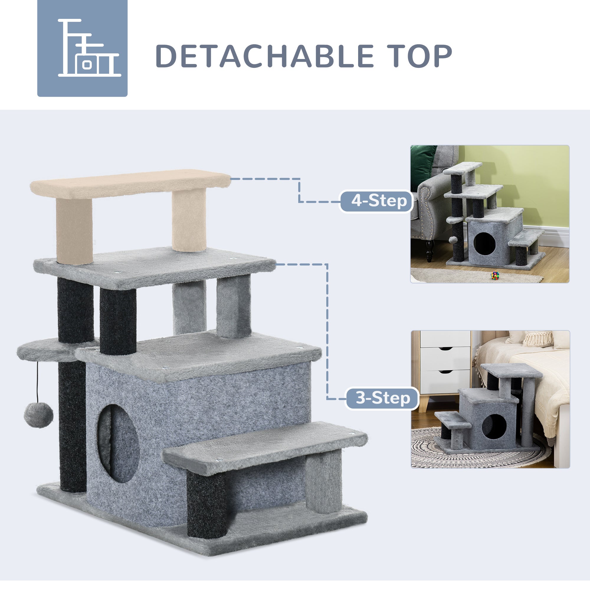 PawHut Pet Stairs, Adjustable Height 3 Step/4 Step Cat Steps with Cat Scratching Post, Cat Condo, Toy Ball for High Bed, Sofa, Couch, for Indoor Small Cats Kittens, Gray