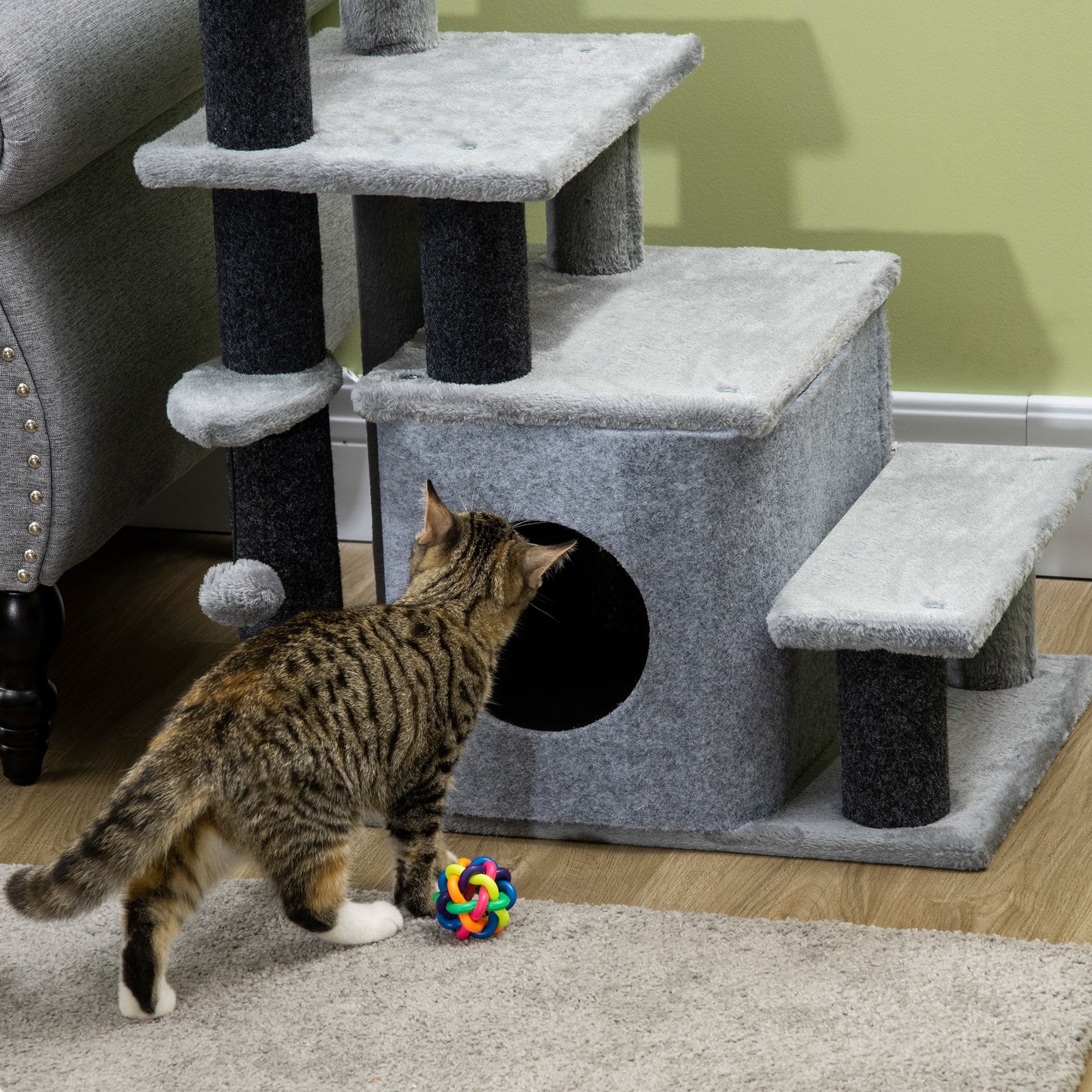 PawHut Pet Stairs, Adjustable Height 3 Step/4 Step Cat Steps with Cat Scratching Post, Cat Condo, Toy Ball for High Bed, Sofa, Couch, for Indoor Small Cats Kittens, Gray