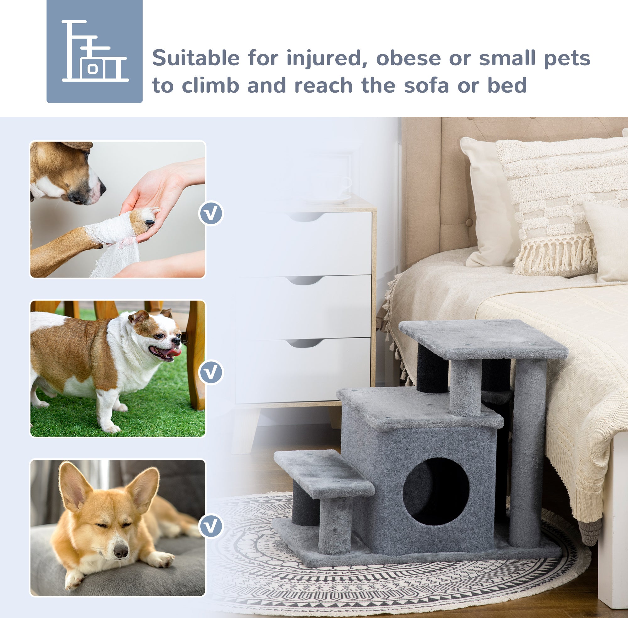 PawHut Pet Stairs, Adjustable Height 3 Step/4 Step Cat Steps with Cat Scratching Post, Cat Condo, Toy Ball for High Bed, Sofa, Couch, for Indoor Small Cats Kittens, Gray