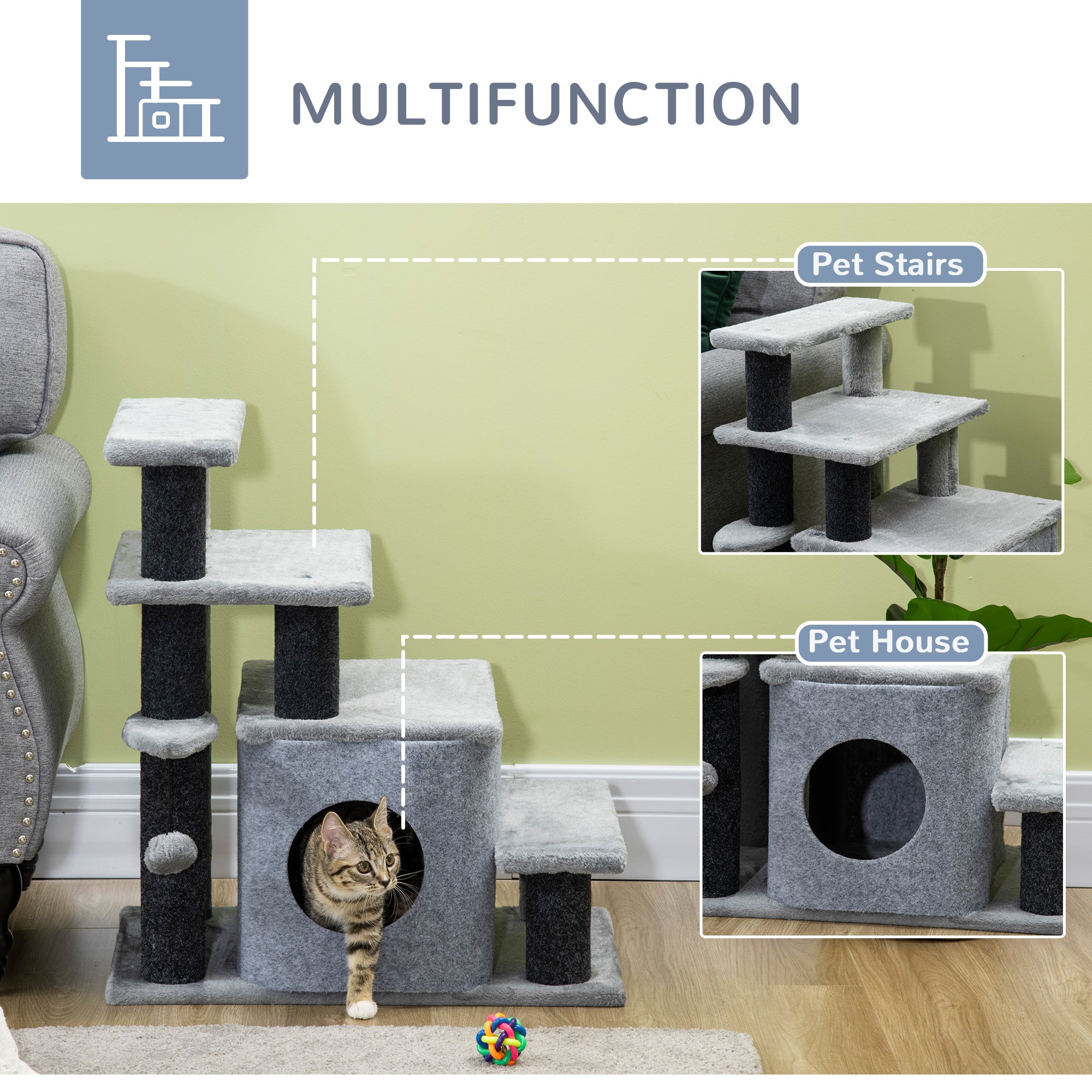 PawHut Pet Stairs, Adjustable Height 3 Step/4 Step Cat Steps with Cat Scratching Post, Cat Condo, Toy Ball for High Bed, Sofa, Couch, for Indoor Small Cats Kittens, Gray