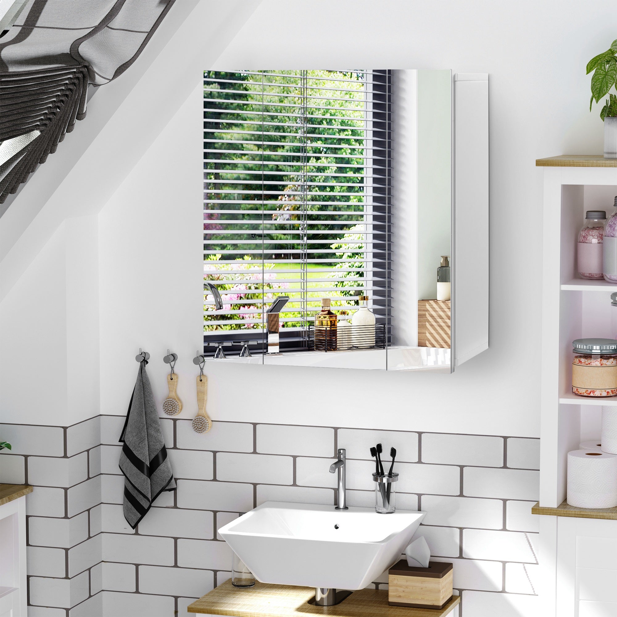 kleankin 28" x 24" Medicine Cabinet, Wall Mounted Bathroom Mirror Cabinet with Mirrored Doors, Adjustable Shelves, White