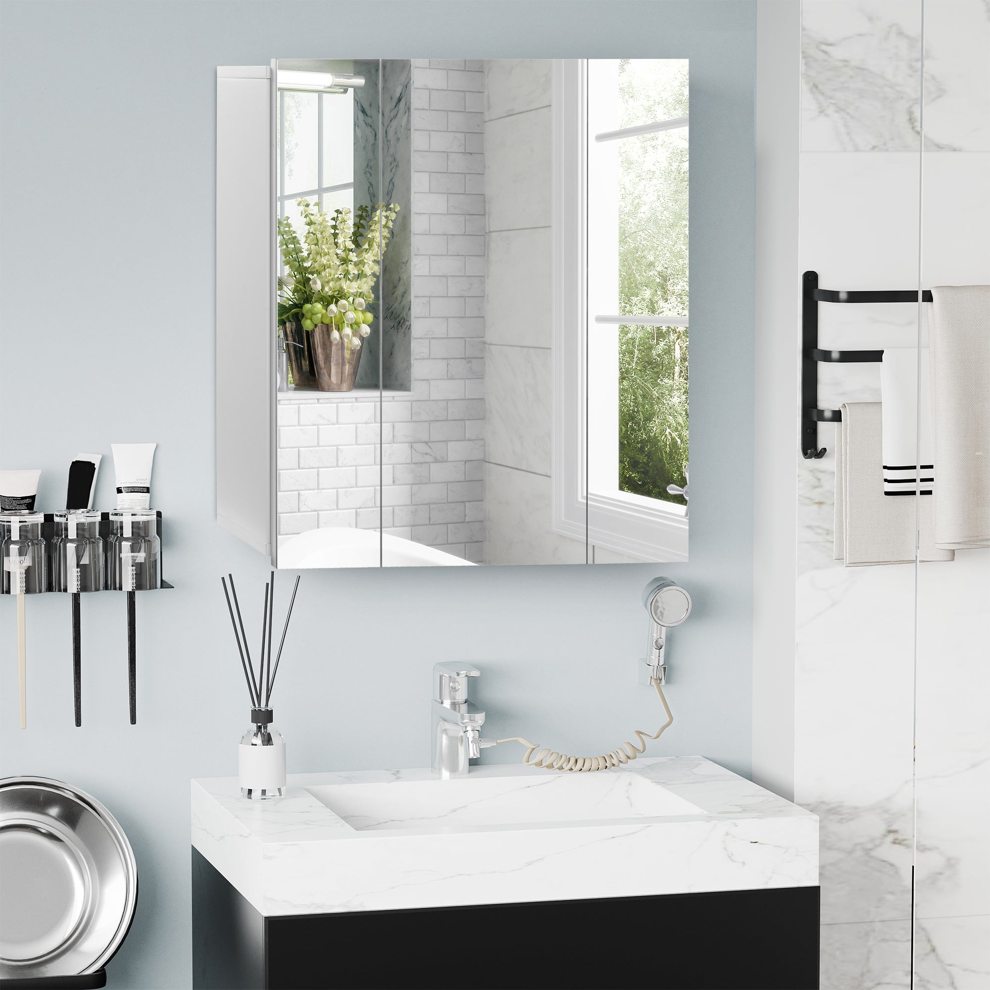 kleankin 28" x 24" Medicine Cabinet, Wall Mounted Bathroom Mirror Cabinet with Mirrored Doors, Adjustable Shelves, White