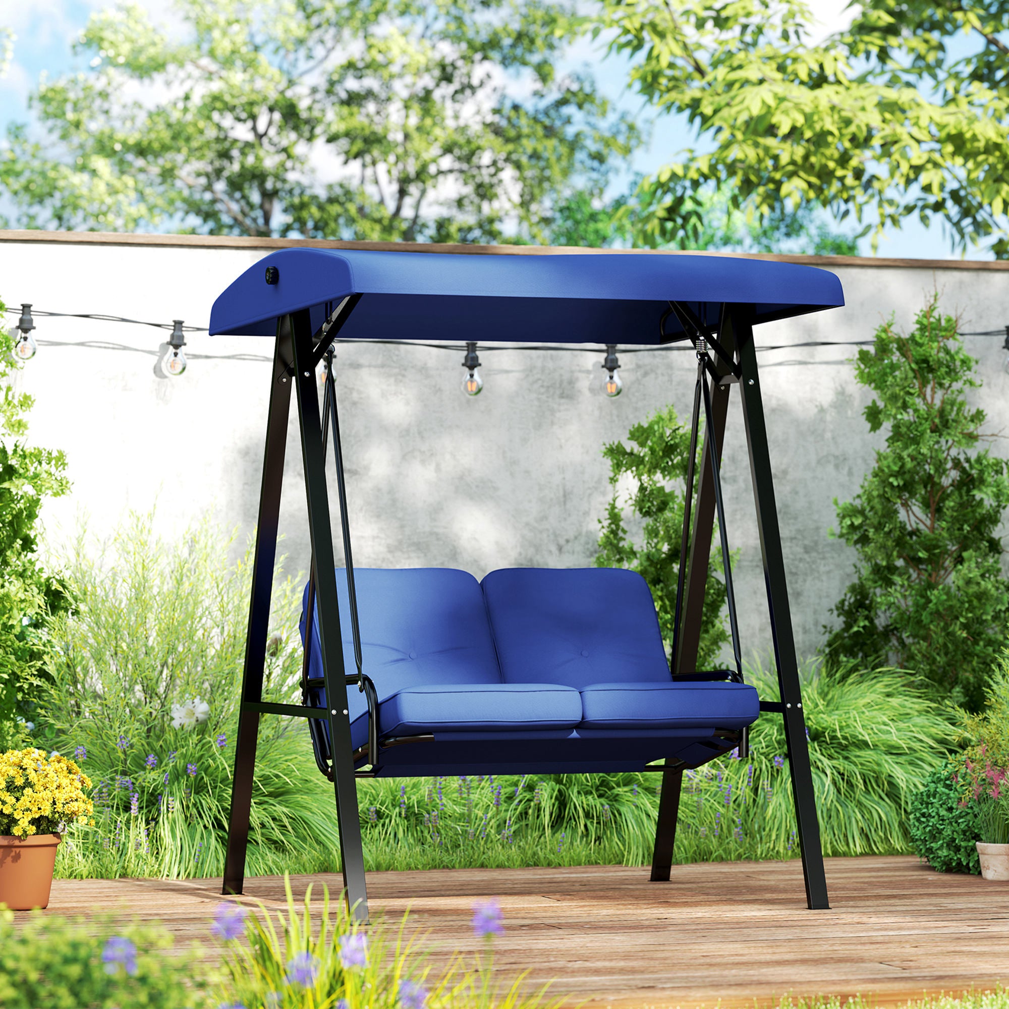 Outsunny 2 Seater Covered Outdoor Swing Chair Porch Swing Bench Lounger Hammock with Removable Cushion Tilt Canopy, Dark Blue