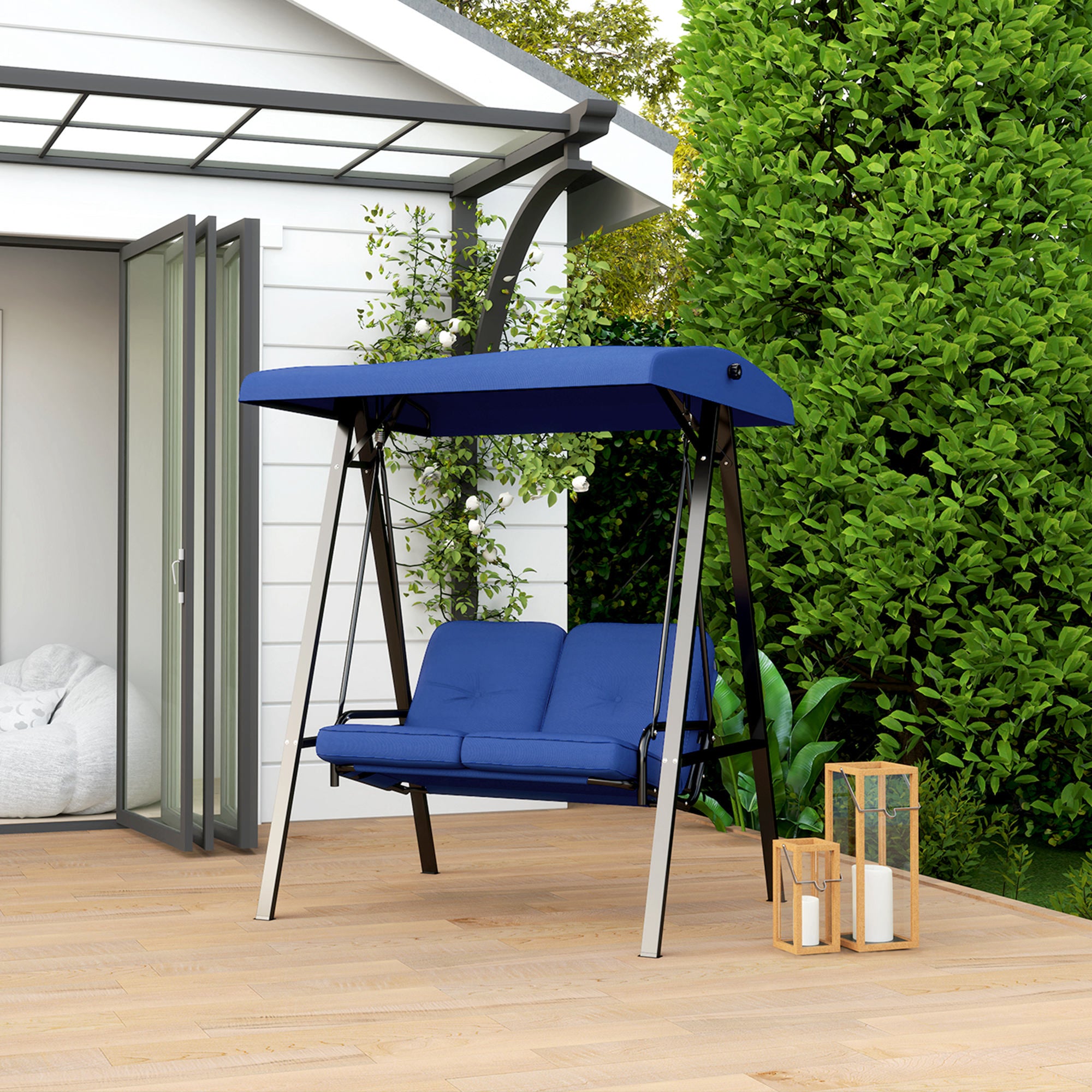 Outsunny 2 Seater Covered Outdoor Swing Chair Porch Swing Bench Lounger Hammock with Removable Cushion Tilt Canopy, Dark Blue